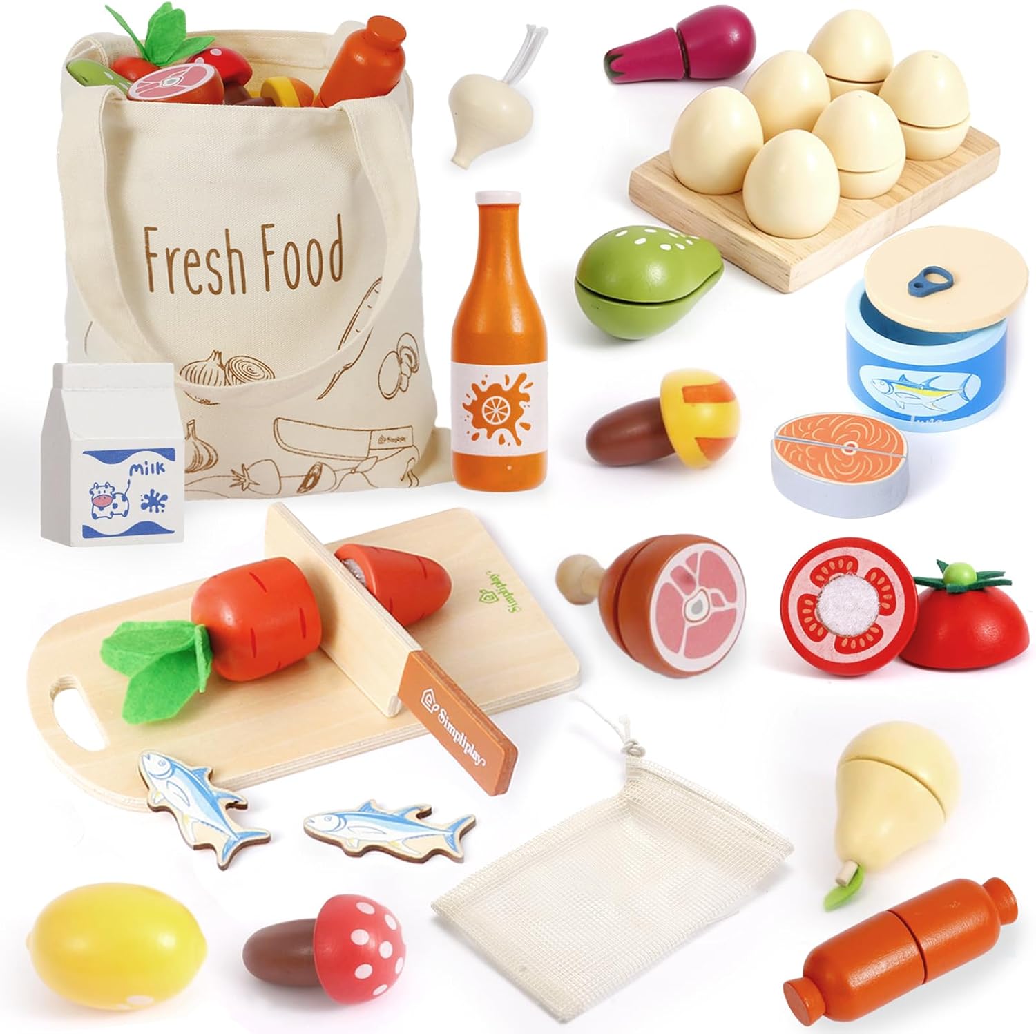 SIMPLIPLAY Wooden Play Food Set for Kids – Play Food Sets for Kids Kitchen, Pretend Play Kitchen Accessories, Toddler Cutting Set with Fruits Vegetables Meat Cooking Toys, Boys Girls Gift Christmas