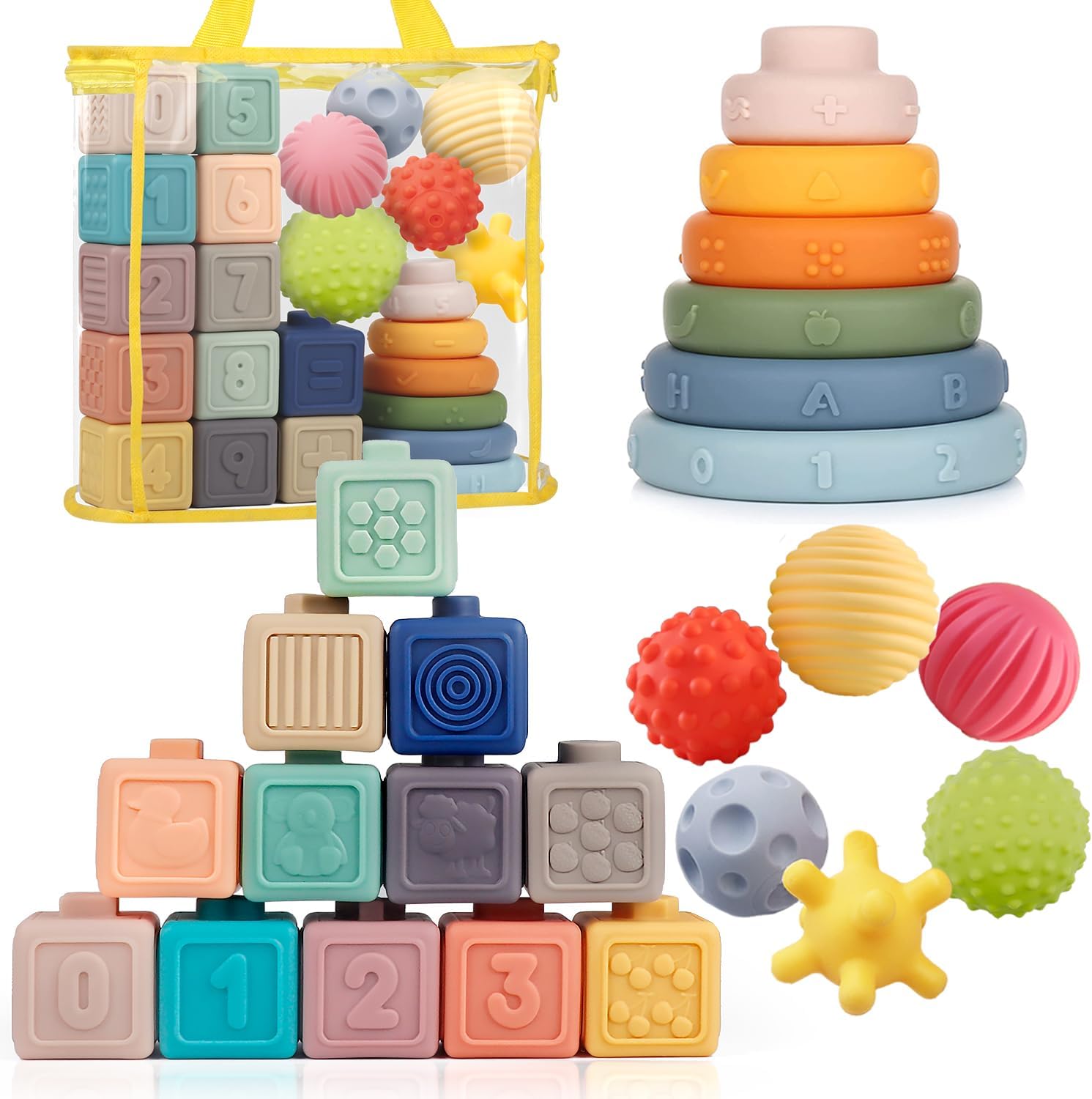 Weilim Montessori Baby Toys 6-12 Months, 3-in-1 Stacking Blocks Rings Balls | 24Pcs Sensory Set. Food-grade Silicone, BPA-free. Teething & Bath Safe. Develops Motor Skills & Senses