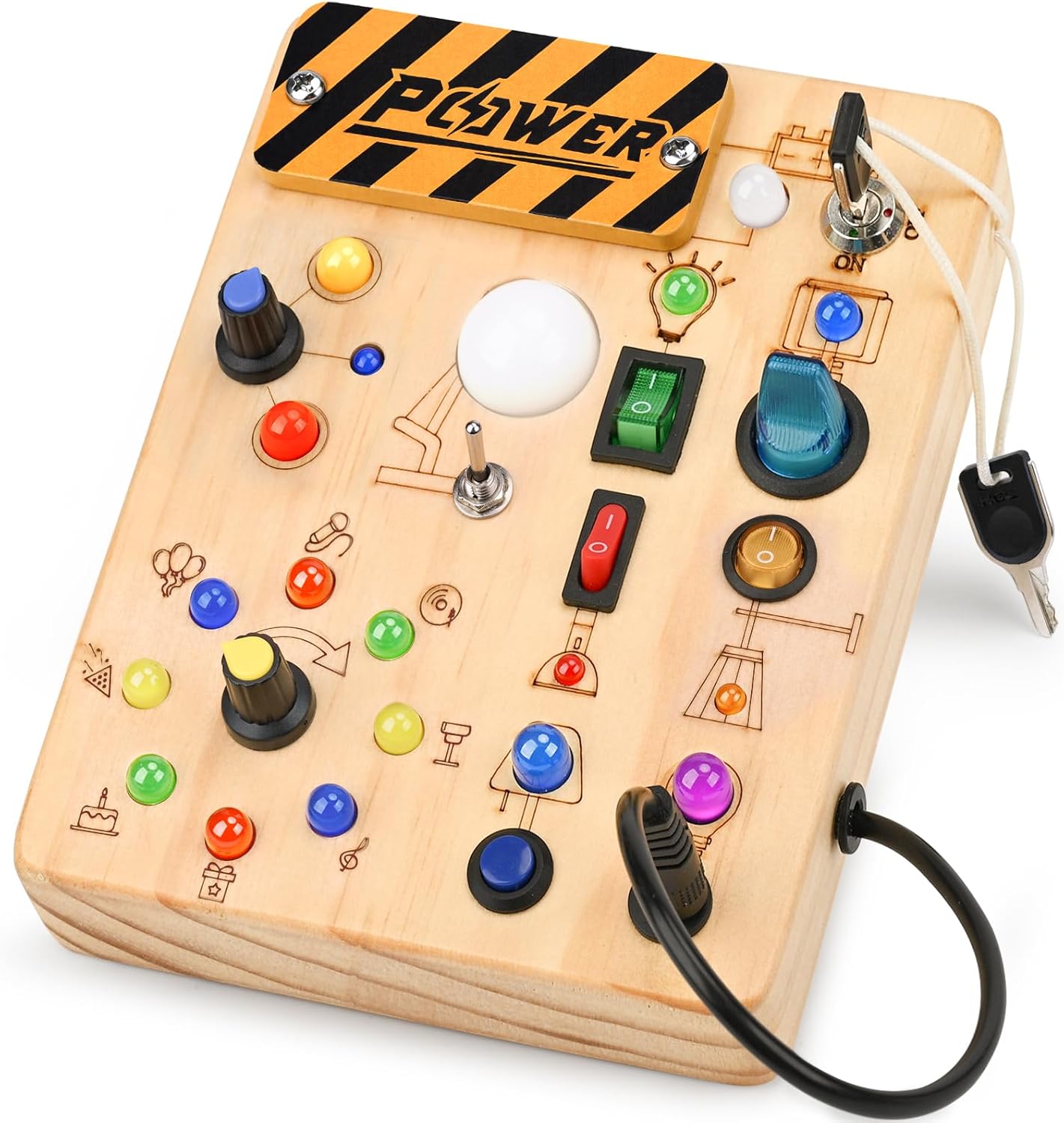 LED Busy Board for Toddlers – Montessori Sensory Toy with 10 Switches & 19 Lights, Wooden Activity Board for Fine Motor Skills, Ideal Educational Birthday Travel Toy Gift for 1 2 3 Year Old Boys Girls