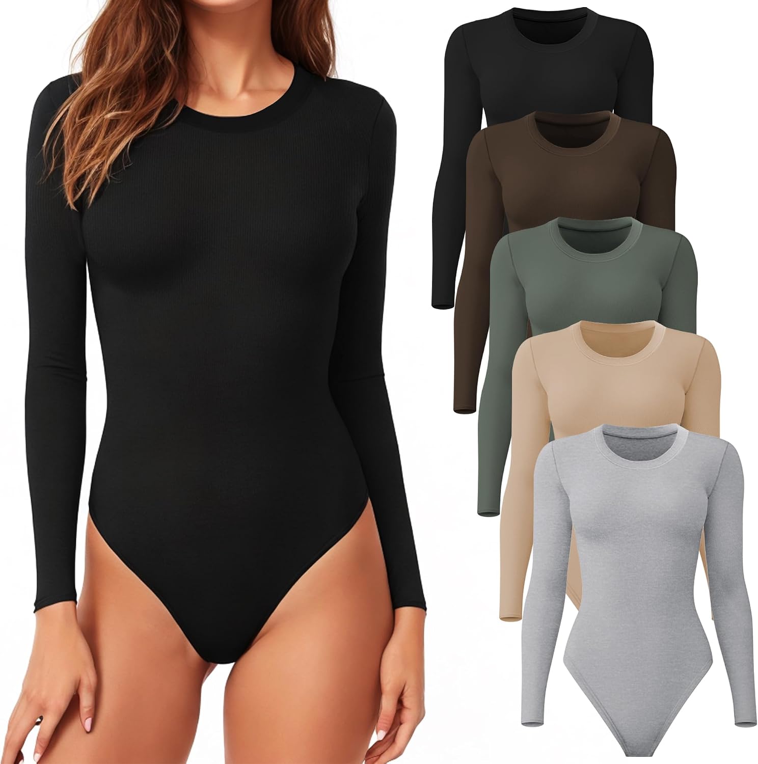 CE’ CERDR 4/5 Pack Long Sleeve Bodysuit for Women Round Neck Casual Stretchy Basic Shirts Crew Neck Body Suits Tops