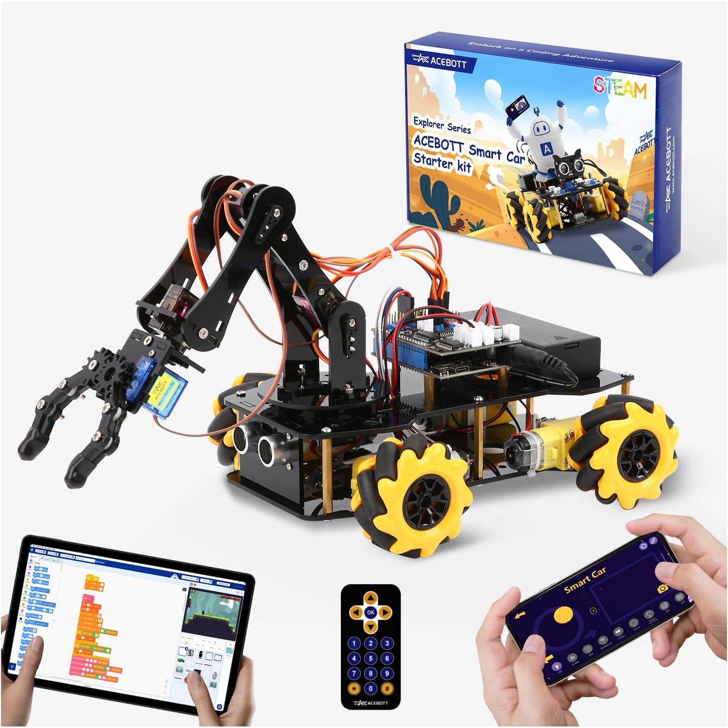 ACEBOTT Robotics for Kids Ages 8-12, Smart Robot Arm Car Kit with 5DOF, STEM Toys for Boys Age 8-12 12-16+, ESP32 Arduino/Python/Blockly Coding, App & Remote Control, STEM DIY Gift for Teens & Adults