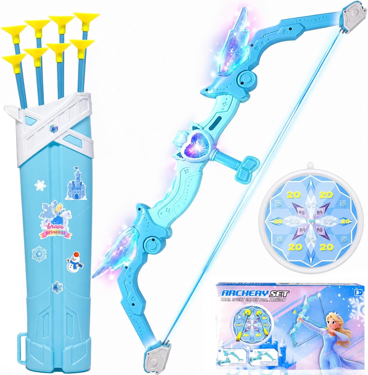 Frozen Toys for Girls,Bow and Arrow Set for Kids, Archery Set with 8 Suction Cup Arrows and LED Lights,Frozen Toys Christmas Princess Accessories Set for Girls Ages 3 4 5 6 7 8 9 10+