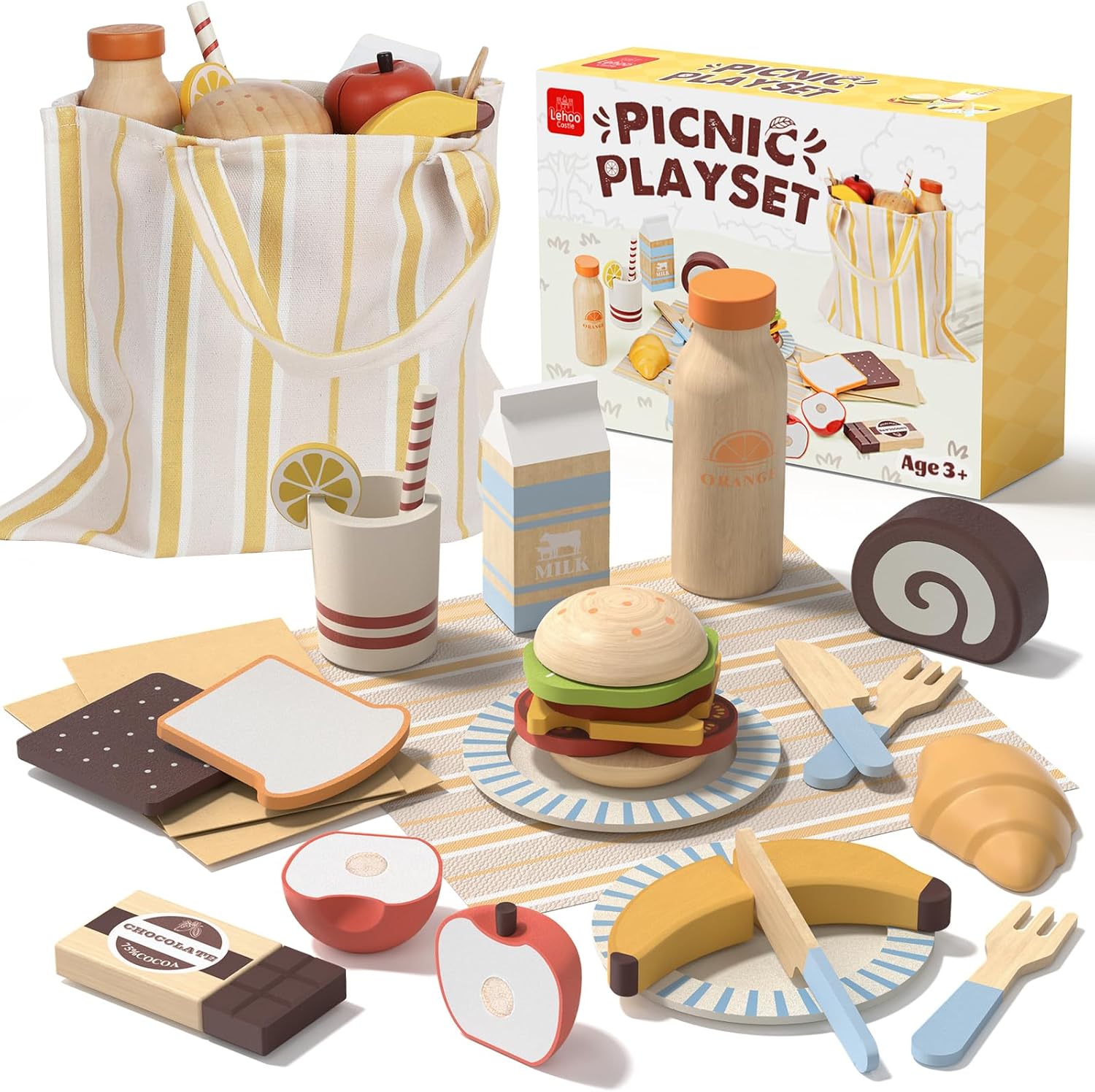 Lehoo Castle Wooden Play Food Set, Toy Food for Toddlers 1-3, Pretend Play Kitchen Accessories, Cutting Food Toys, Montessori Sorting Toys for Kids 3-5 Girls Boys