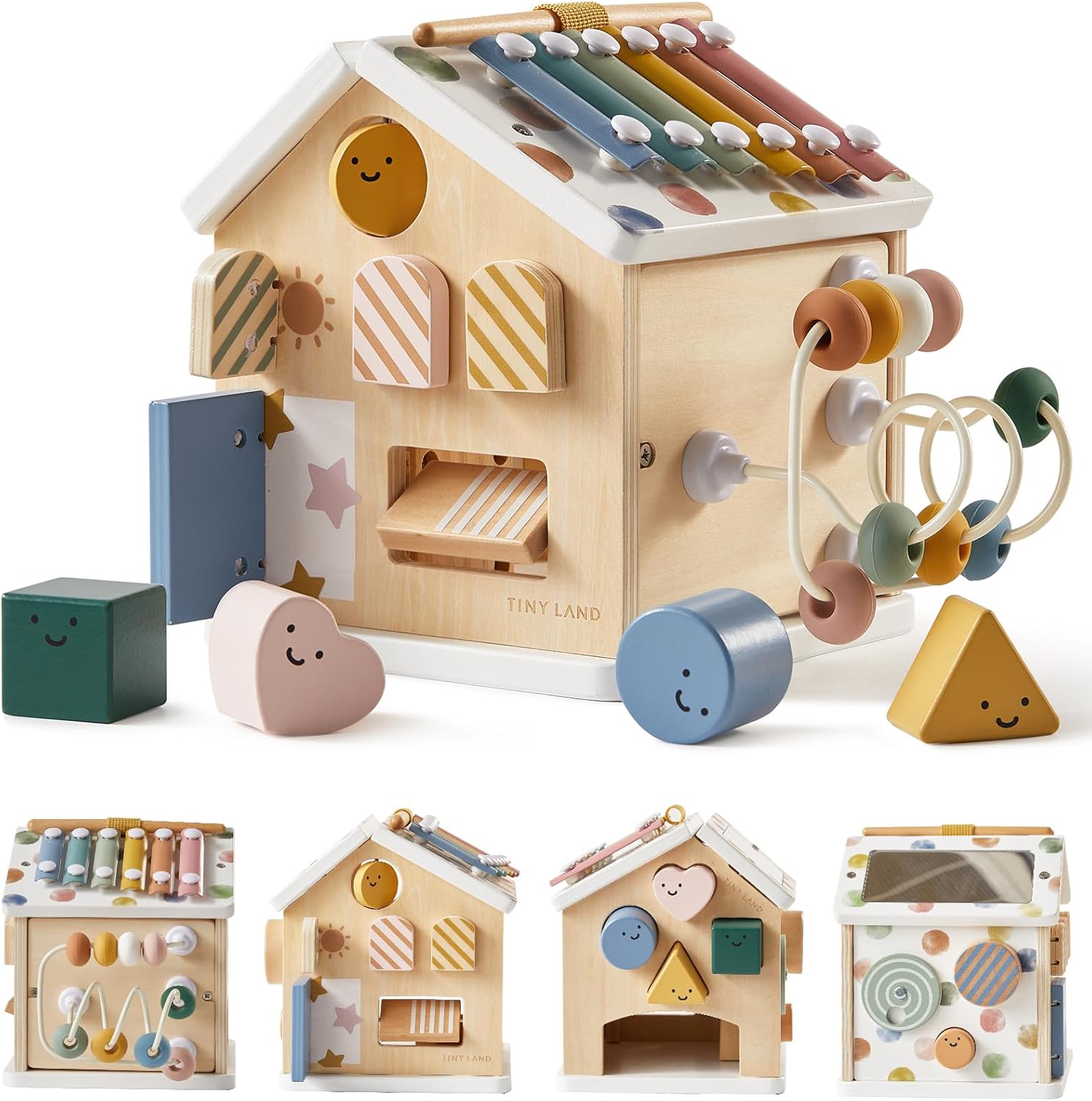 Tiny Land 9-in-1 Wooden Activity Cube, Educational Toy for Toddlers | Montessori Baby Activity Center for 1+ Year Old, Ideal Gift for Boys and Girls (Morandi)