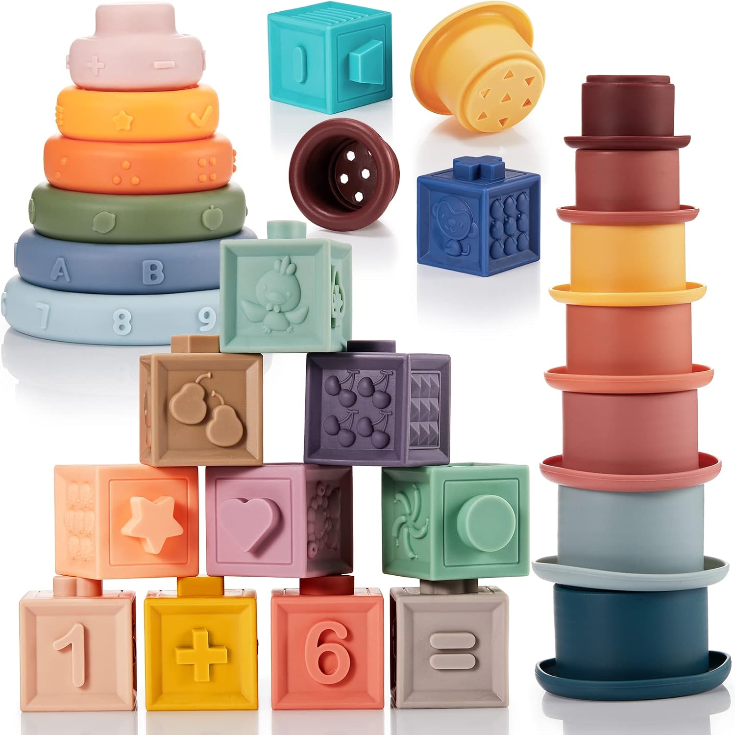 3 Set Montessori Toys for Babies Soft Baby Stacking Cups Toy Silicone Ring Baby Stacking Blocks for Toddlers 6 to 12 Months Sensory Building Blocks with Number Fruit Shape Toddler Gifts for Christmas