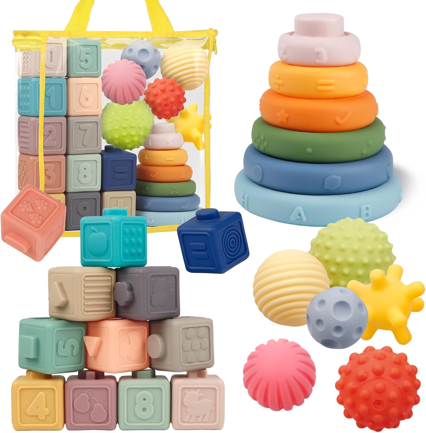 IFLOVE Montessori Baby Toys 6-12 Months, Stacking Rings Soft Blocks & Balls | Food-grade silicone, BPA-free, CPSIA & ASTM F963 tested; 24pc 3-in-1 teething & sensory set; baby shower & 1st birthday gift