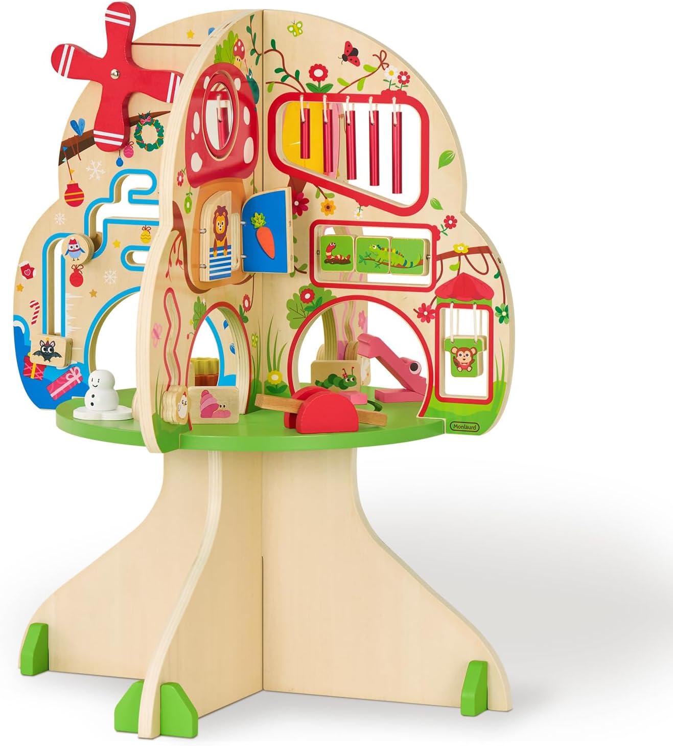 Monläurd® Montessori Wooden Tree Activity Center, Sensory Table & Busy Board for Toddlers 1-3, 4-Season Learning Activity Cube for Playroom & Daycare