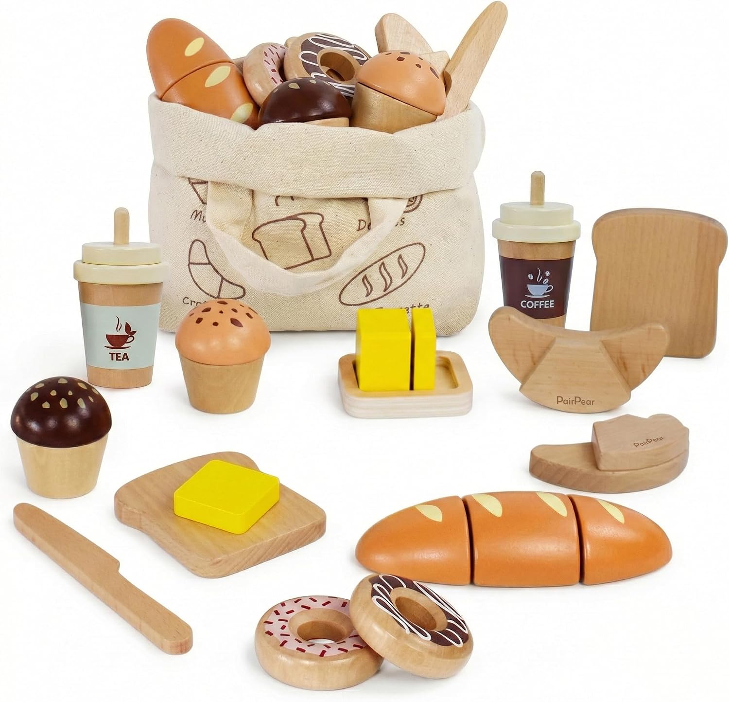 PairPear Wooden Play Food for Kids Kitchen, Pretend Play Bakery Toys Food | Kids Cutting Food with Shopping Bag, Play Kitchen Accessories Grocery Store Toys Gift for Boys Girls Ages 3 4 5 +