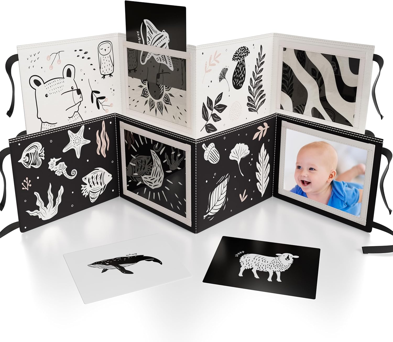 Soft Tummy Time Book w/ Stimulating Baby Safe Mirror – Fun Black and White Montessori Toy w/ Crinkle Filling & 20 High Contrast Designs – Perfect Newborn Toy For Safe and Early Infant Development