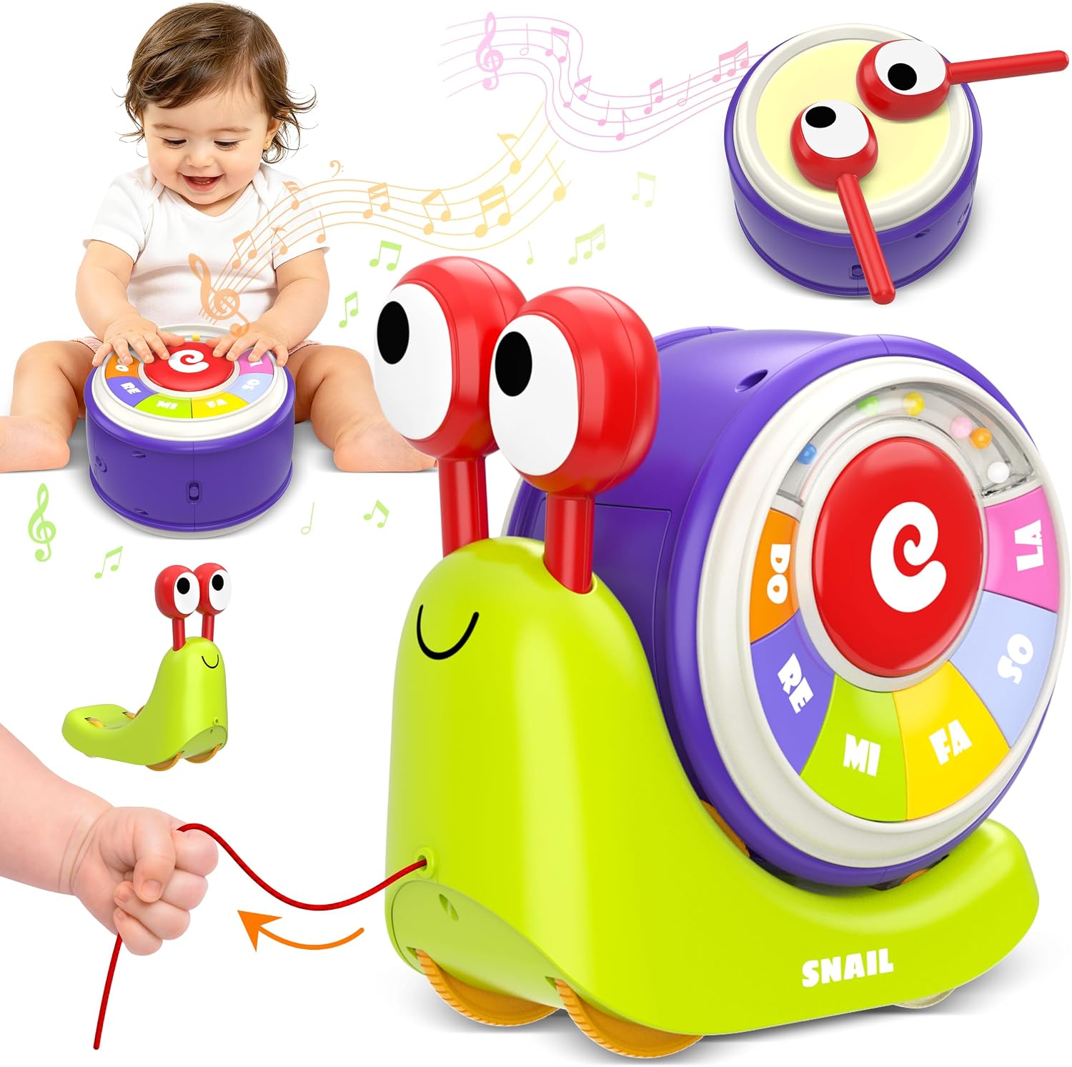 3 in 1 Pull Along Snail Toddler Toys, Baby Piano and Light Up Toddler Drum Set Early Learning Toys Toddler Gifts for Boys Girls, Baby Toys Musical Toys for Toddlers 1-3