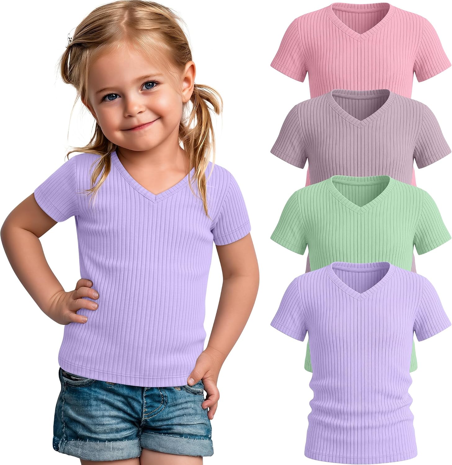 4 Pack Toddler Girls’ Shirts Cotton Short Sleeve Ribbed V Neck Tops Kids Soft Cute Summer Clothes Basic Tees 18m-5t