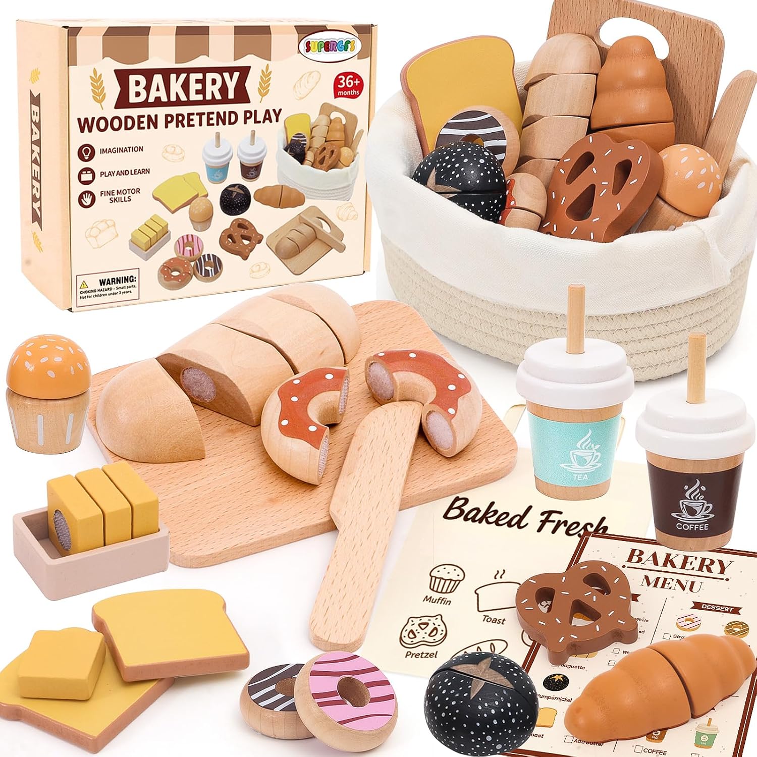 Wooden Bakery Playset Food Toys, Kids Pretend Play Food Baking Set Kitchen Accessories with Storage Bag, Pretend Play Bread Cutting Food for Boys Girls 3+