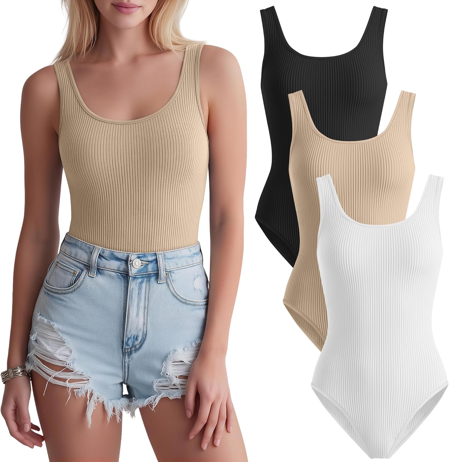 3 Pack Women’s Tank Tops Bodysuits Ribbed Cotton Sleeveless Slim Fit Scoop Neck Shirts Thong Yoga Summer Going out