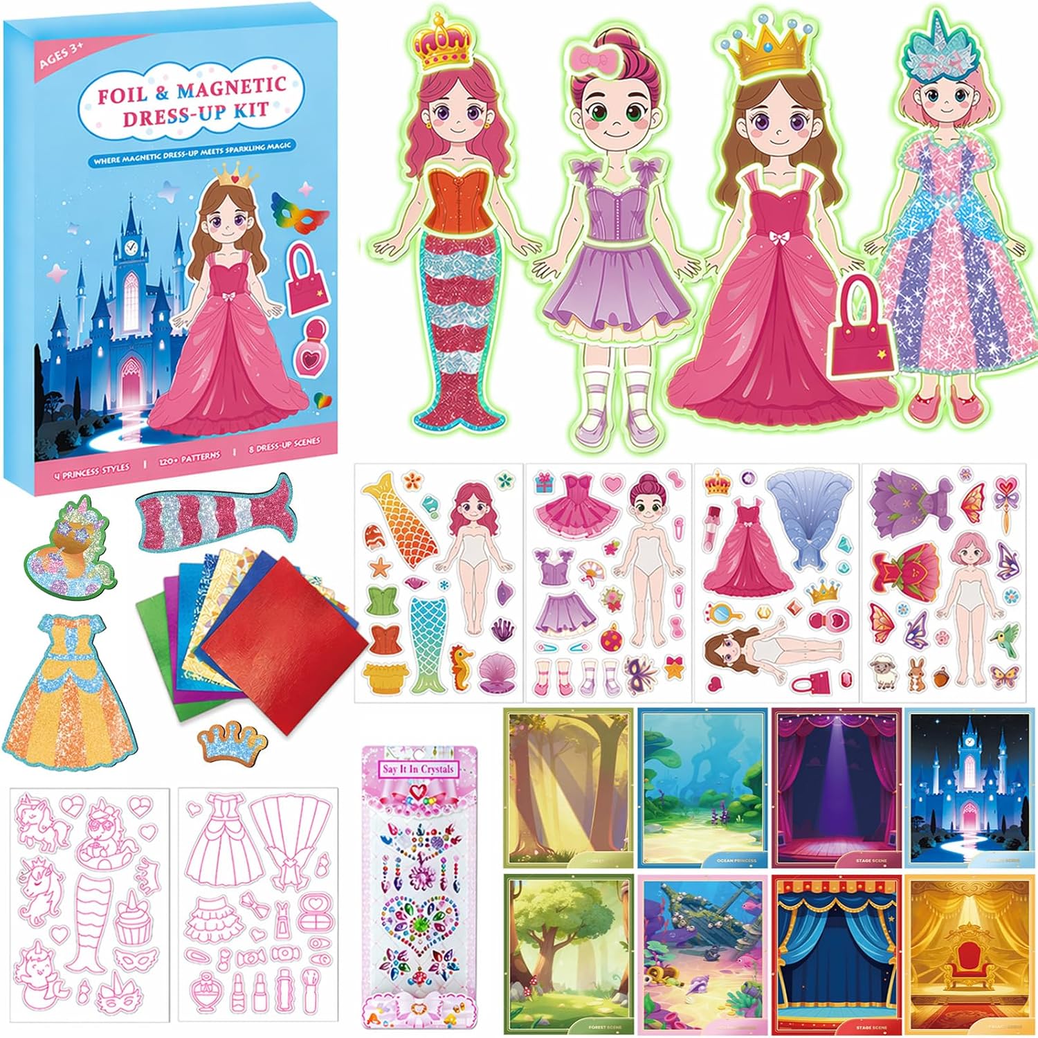 SOOVSY Magnetic Dress Up Dolls for Girls Ages 4-8, Princess Mermaid Fairy Ballerina Dress-Up Magnets with DIY Foil Art Craft Kit, Screen-Free Travel Activity Toy & Creative Gift for Kids