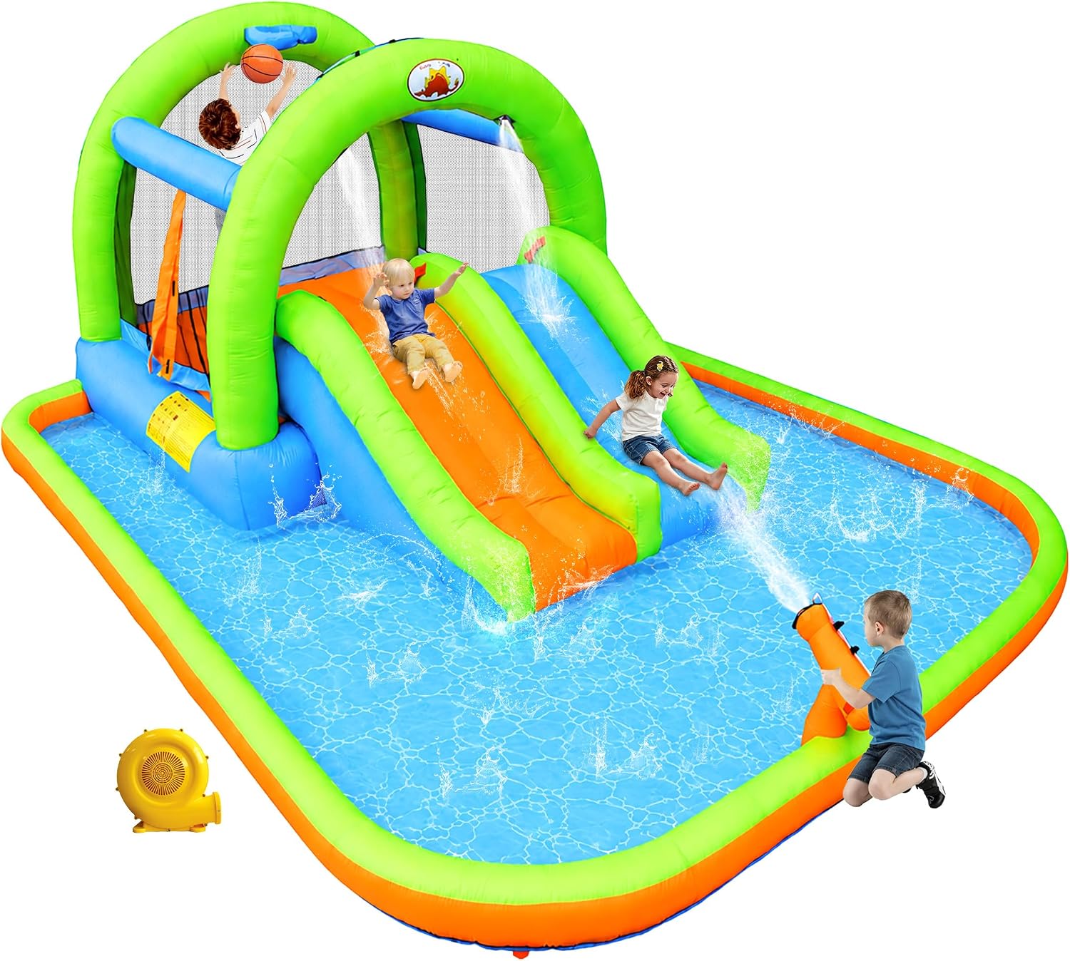 WELLFUNTIME Inflatable 2-in-1 Water Slide Bouncy Castle with Blower, Jumping House with Double Slide & Basketball Ring for Kids, Jumping Area for 3 Kids