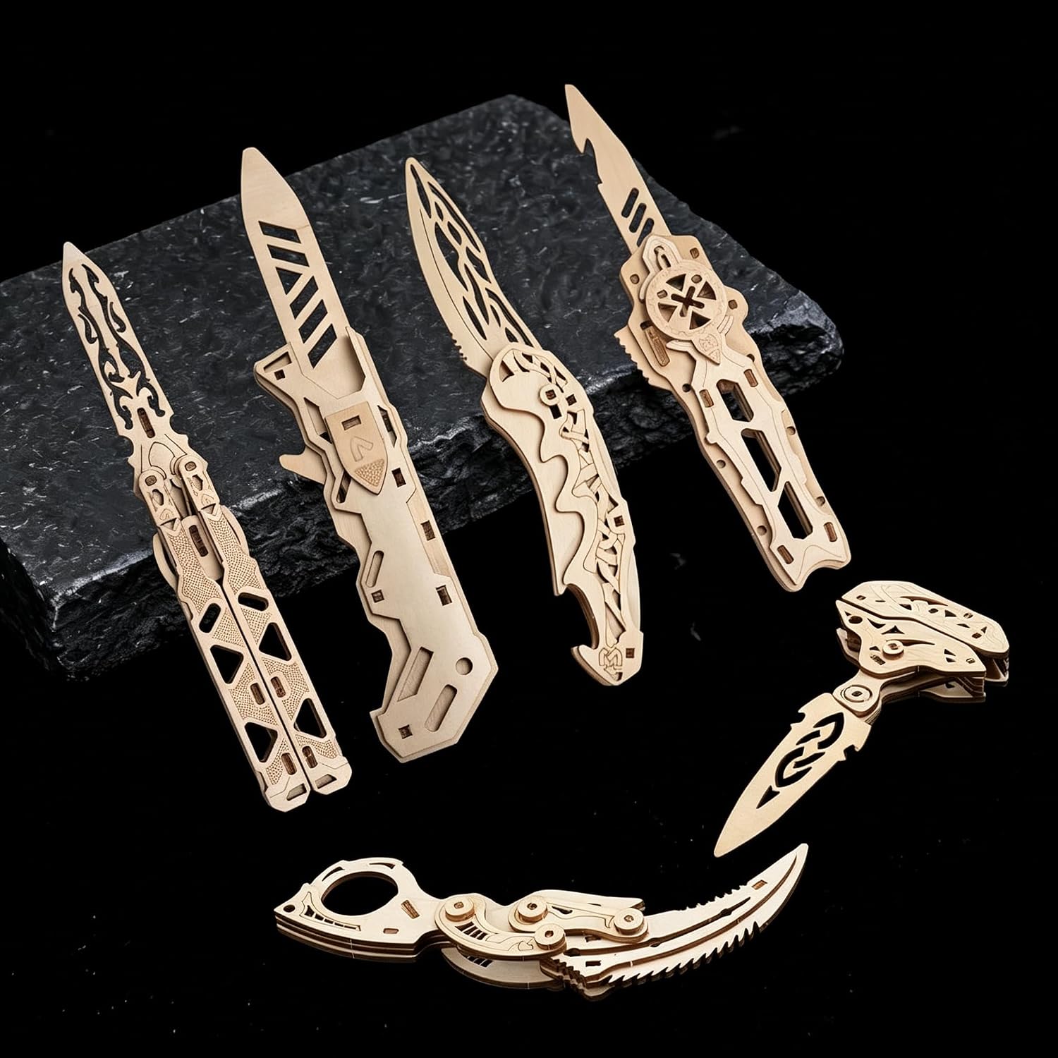 3D Wooden Puzzles for Adults – 6 Knife Set with 266 Pieces, Movable Interlocking Mechanical Structure, High-Precision Laser-Folded, Wood Model Craft Kit & Wooden Building Kits