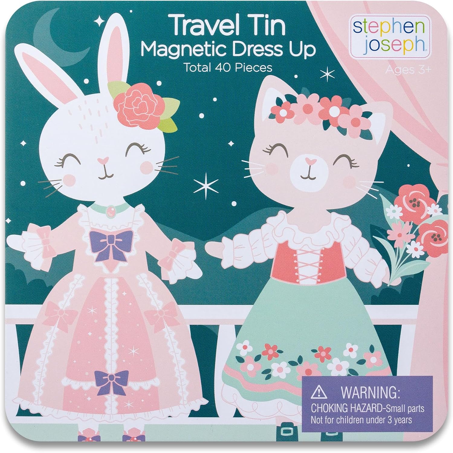 Stephen Joseph, Travel Tin Magnetic Dress Up,Bunny and Cat Small, 40 unique pieces