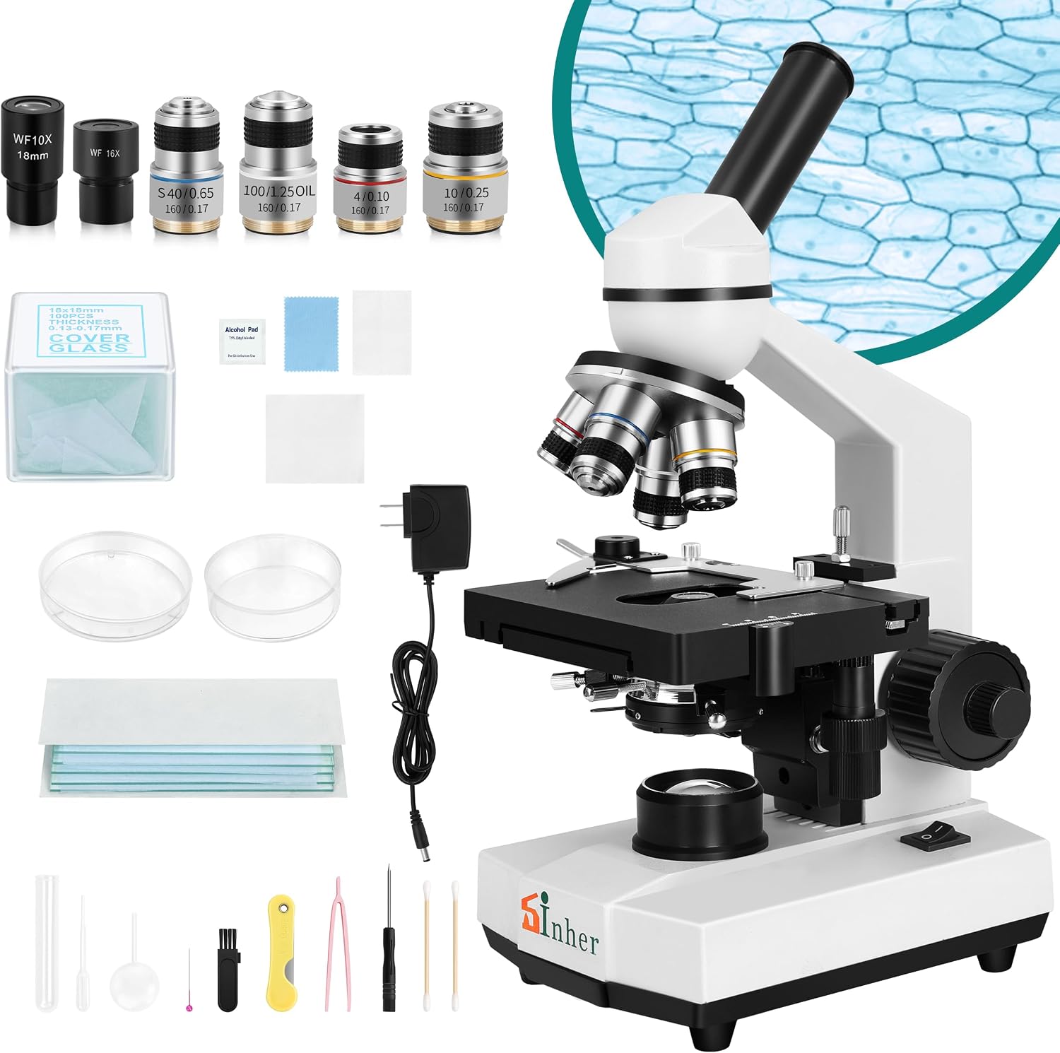 Sinher XSP-104 Profesional Science Compound Monocular Microscopes 40X-1600X for Adults Student Kids 8-12,with Microscope Slides, Microscope Kit for School Lab Home Education
