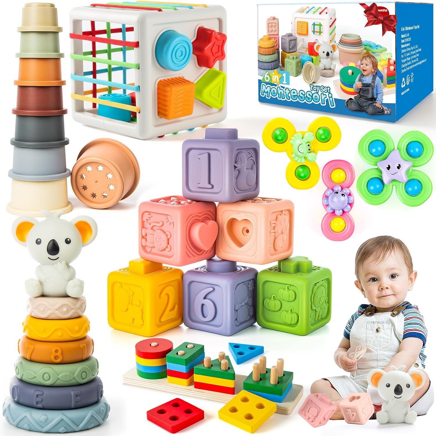 6-in-1 Baby Toys 6 to 12 Months, Montessori Toys for Babies 6-12-18 Months, Infant Teething Toy Stacking Blocks Rings Sensory Bin, Sorting Sensory Educational Learning Gift for Toddlers Aged 1-3