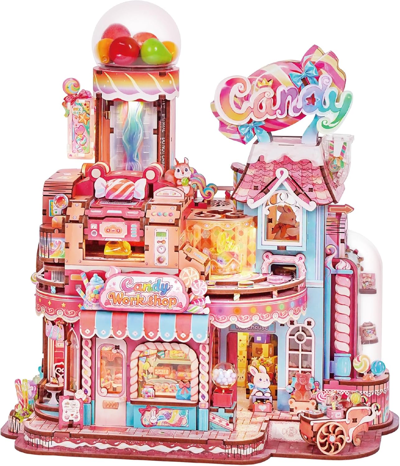 Tonecheer 3D Wooden Puzzle for Adults- Candy Workshop, Mechanical Transmission Model Kit, Dynamic DIY Building Set with Music & Lights, Miniature House Kit Ideas