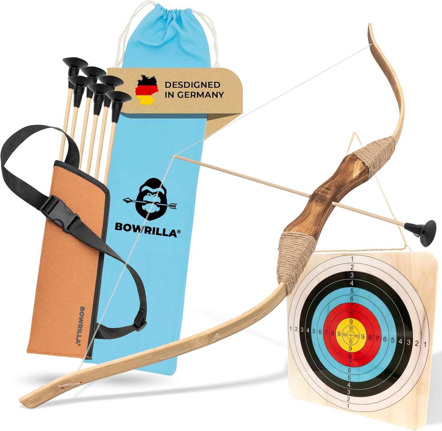 BOWRILLA® Kids Bow and Arrow Set – Bow and Arrow for Kids Ages 4-8, Toy Archery Set with 6 Suction Cup Arrows, Wooden Target & Quiver