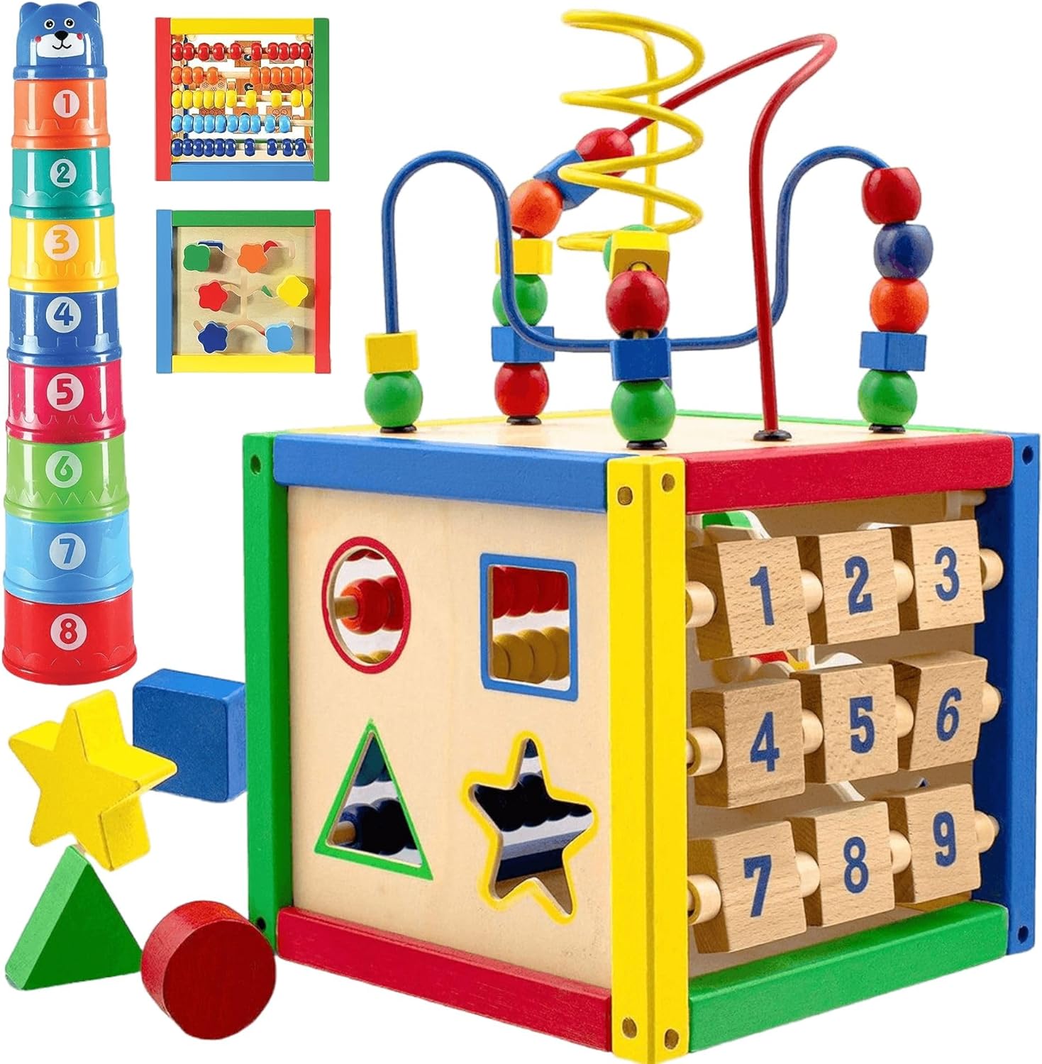 Play22 Wooden Activity Cube for Baby – 6 in-1 Baby Activity Play Cube with Bead Maze, Shape Sorter, Abacus Counting Beads, Counting Numbers, Sliding Shapes, Removable Bead Maze, 8Pcs Stacking Cups