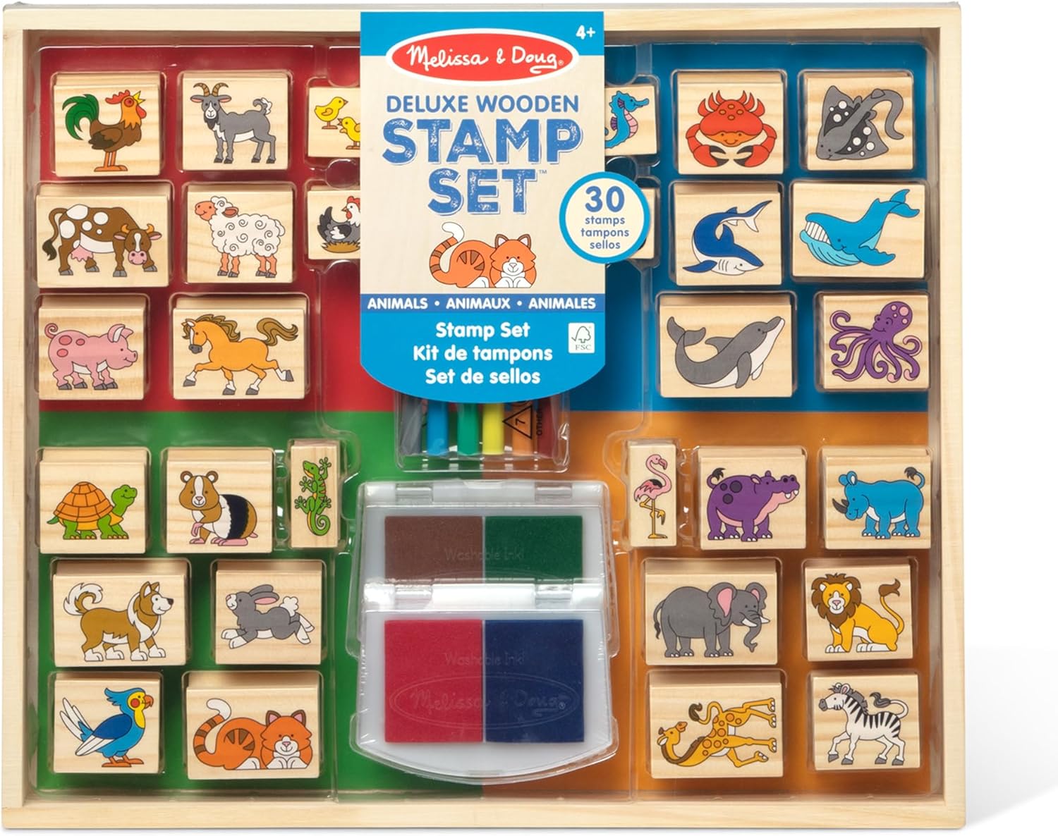 Melissa & Doug Deluxe Wooden Stamp Set: Animals – 30 Stamps, 6 Markers, 2 Stamp Pads Kids Art Projects, Wooden Stamps with Washable Ink, for Kids Ages 4+