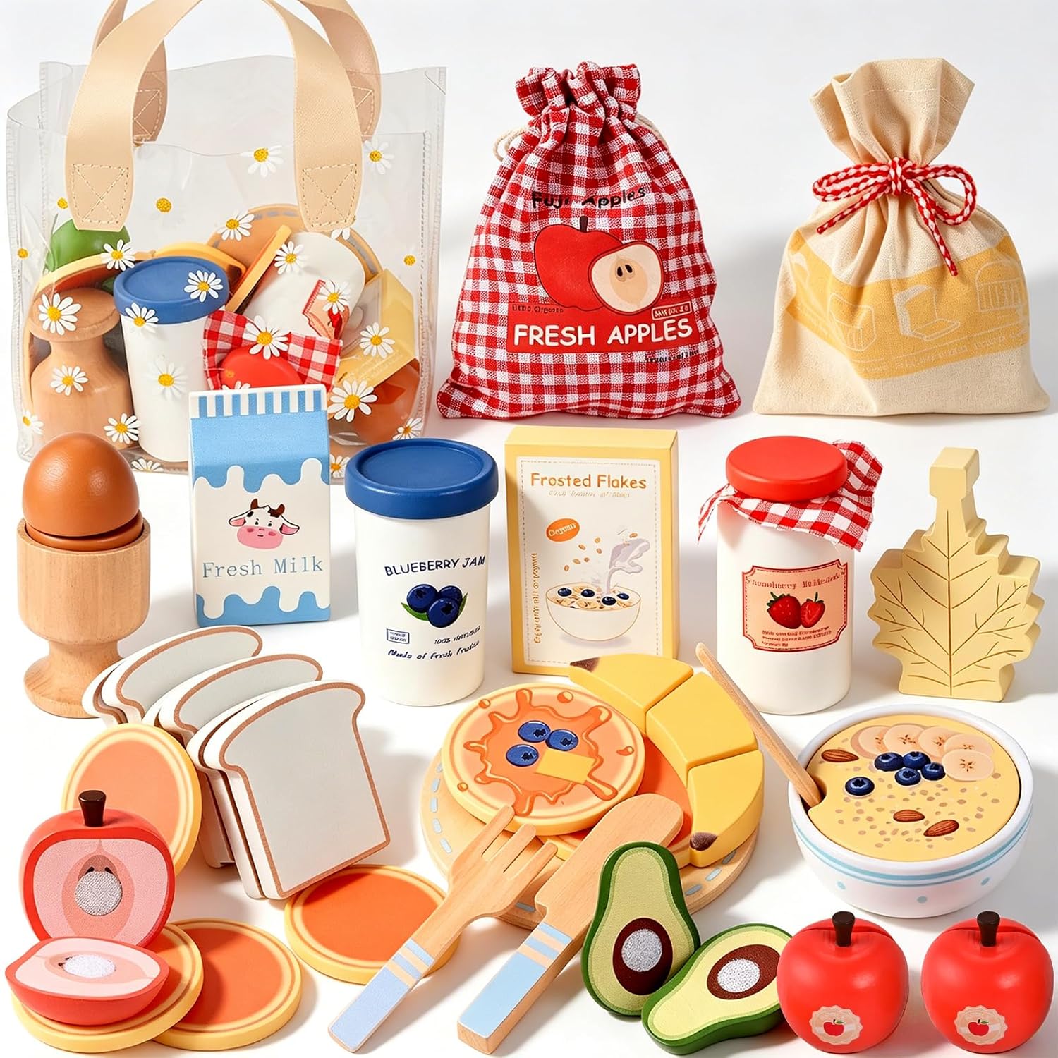 Wooden Play Food Set, Wooden Food for Play Kitchen, Wood Food Toys with Storage Bag, Play Kitchen Accessories, Gift for Girls Boys 3+ Year Old