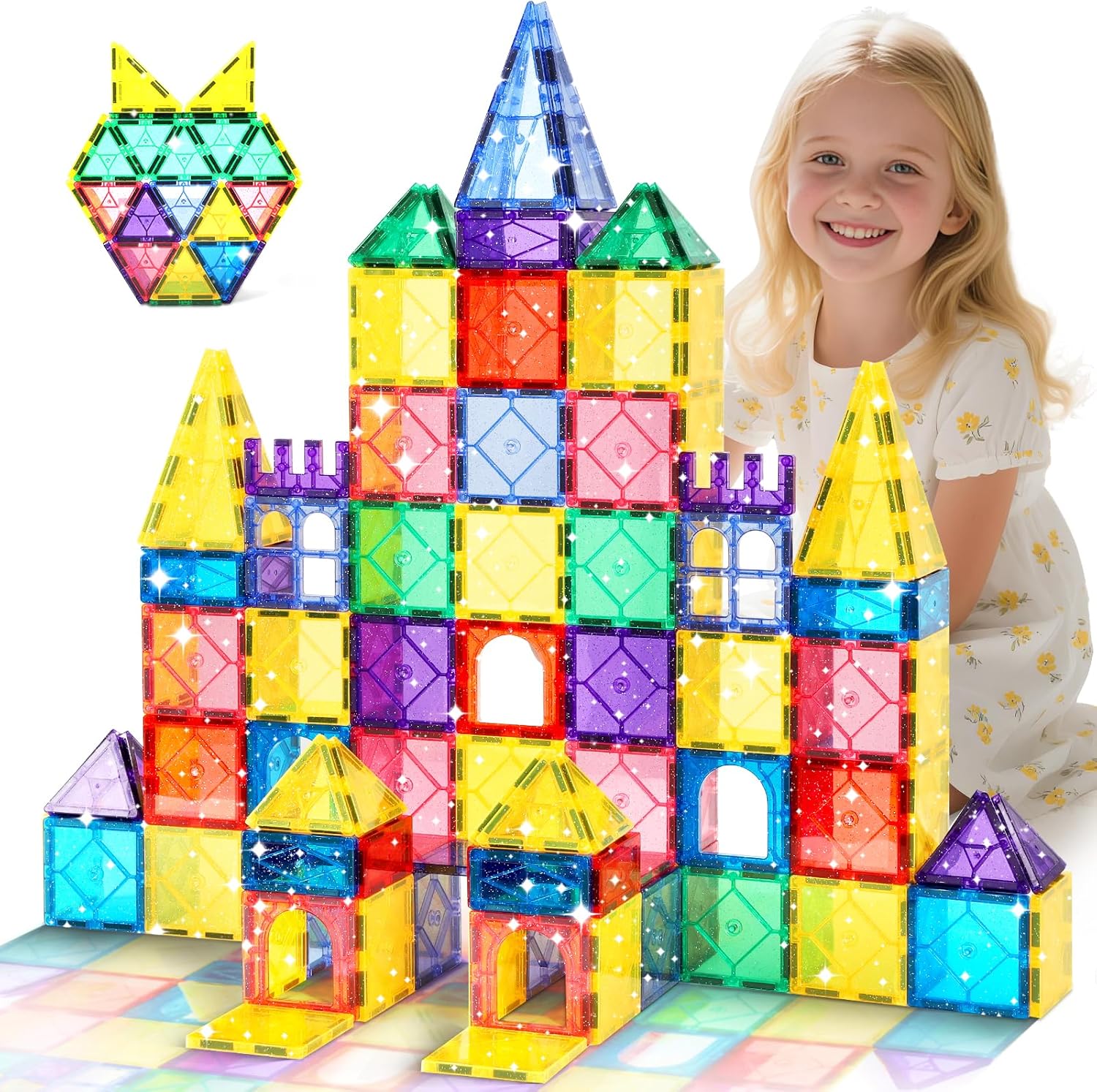 Mruikeny 100 Pieces Magnetic Tiles for Kids Ages 4-8, Glitter Magnetic Building Tiles Preschool Learning Magnet Toys, STEM Sensory Magnet Building Blocks for Toddlers 3 4 5 6 7 8+ Year