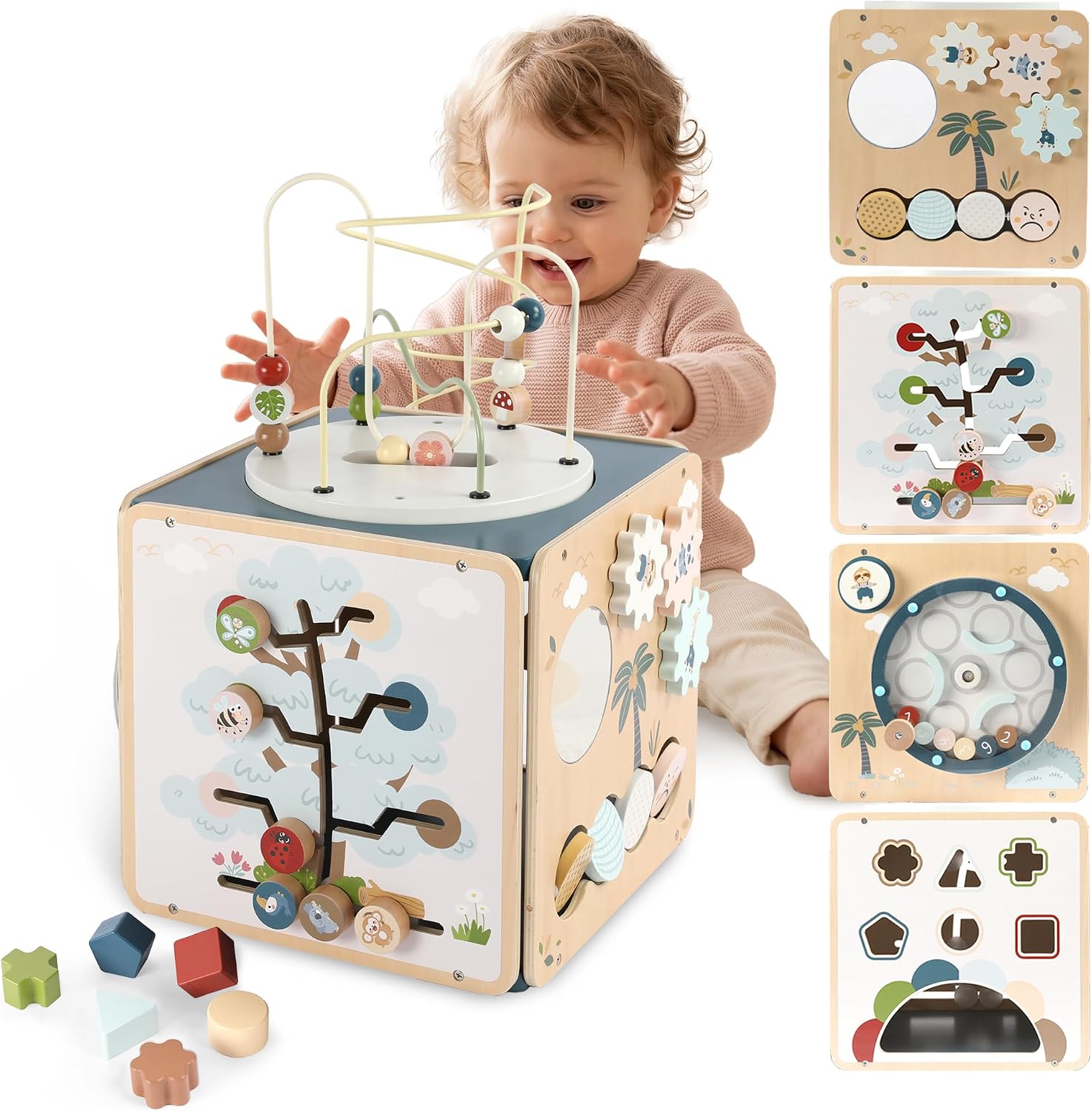 FReniland Wooden Montessori Activity Cube for Toddlers 1-3, 7-in-1 Baby Activity Center with Bead Maze, Shape Sorter, Number Gears & Discovery Mirror, Fine Motor Educational Toy for Boys & Girls