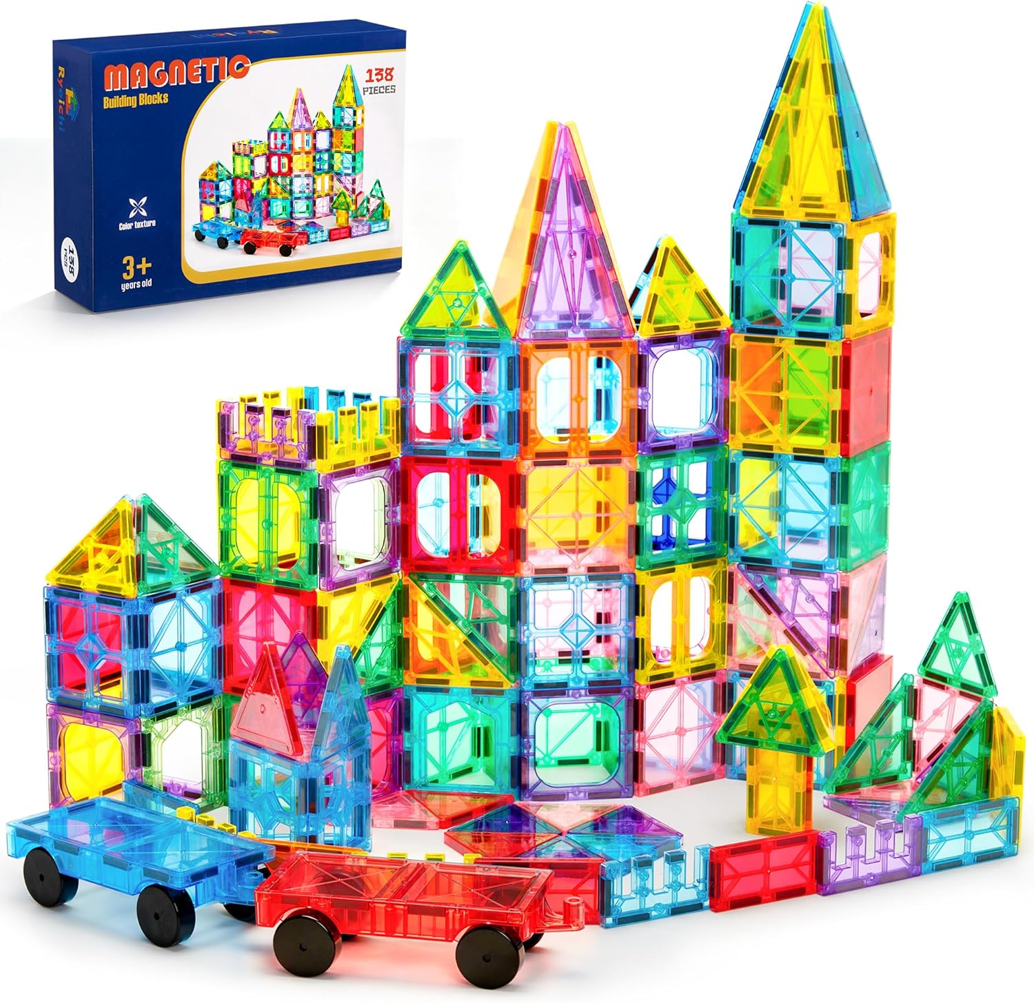 Ryoichi 138PCS Magnetic Tiles Set with 2 Cars, STEM Educational Construction Building Blocks & Montessori Learning Toys for Kids Ages 3-9+ Years
