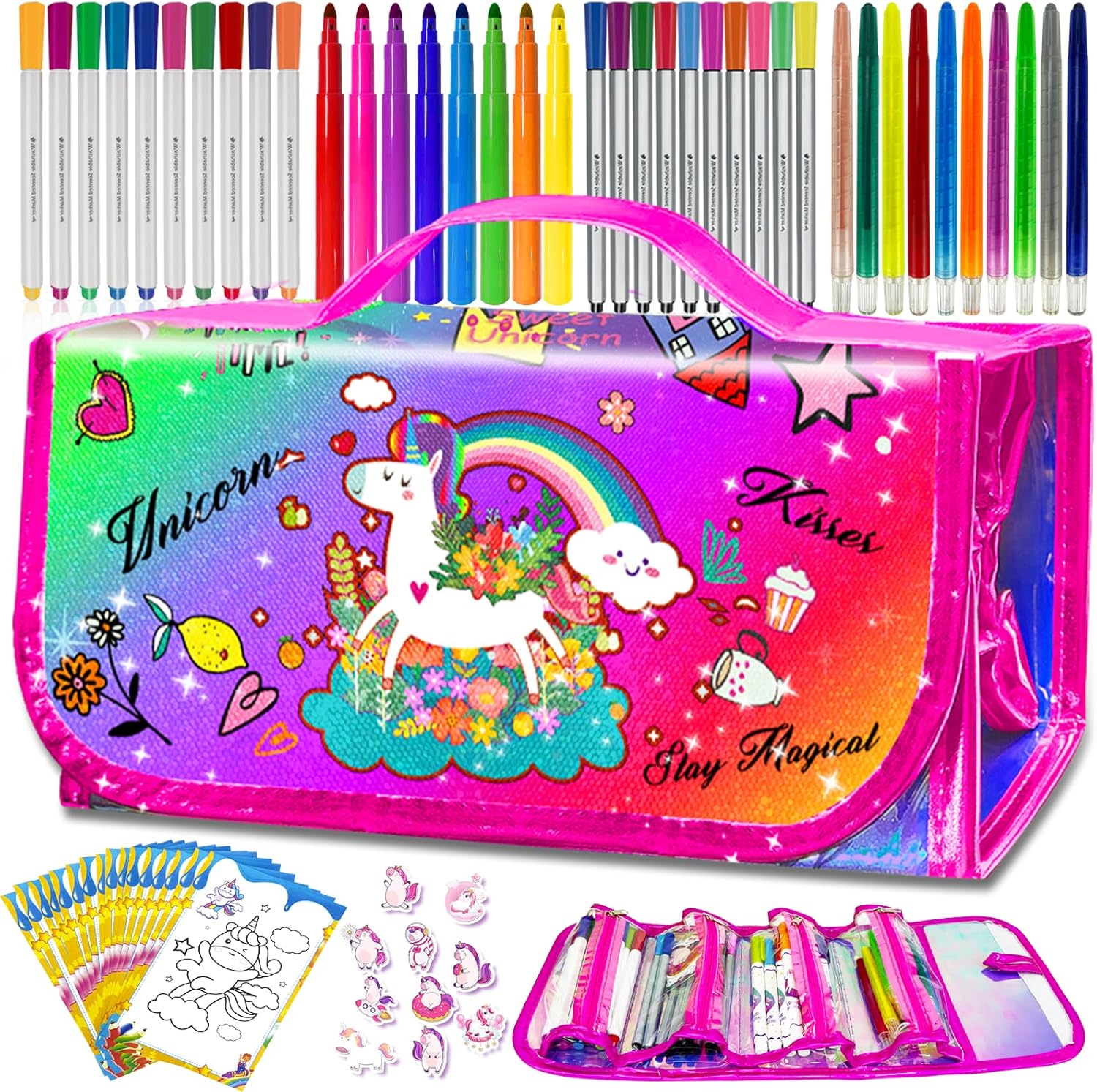 weirtoya 56 PCS Washable Scented Markers with Glitter Pencil Case, Mermaid Unicorn Arts and Crafts for kids 4-6-8 Kids Coloring Drawing Kits for 4-8 Years Old Girls (Rainbow, 70)
