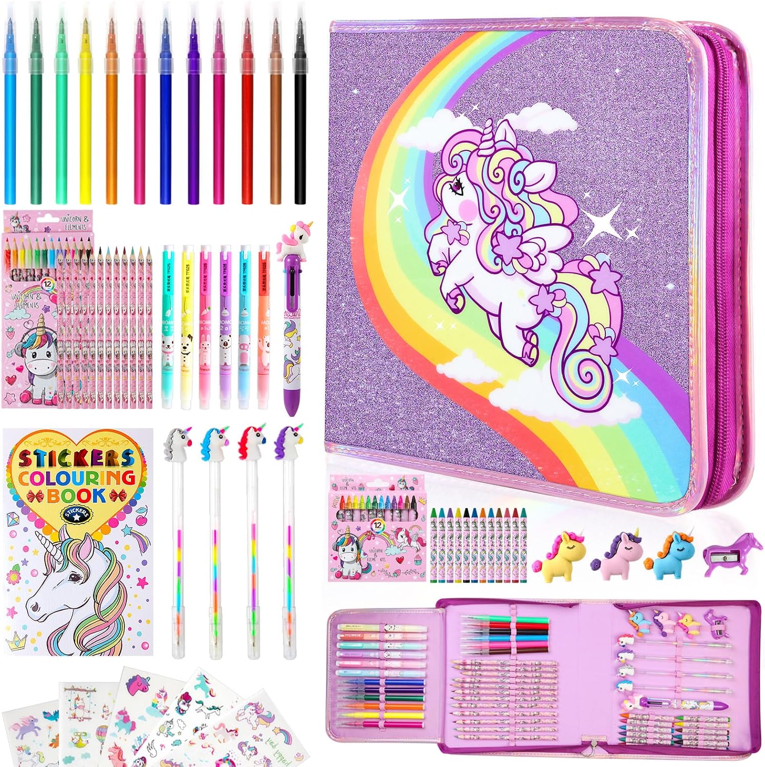 CozyJoyz Unicorn Washable Marker Set, 59 Pcs Arts and Crafts Coloring Set for Kids, Drawing Art Supplies Birthday Gifts for Girls Toys 4 5 6 7 8 9 Year Old (Purple)