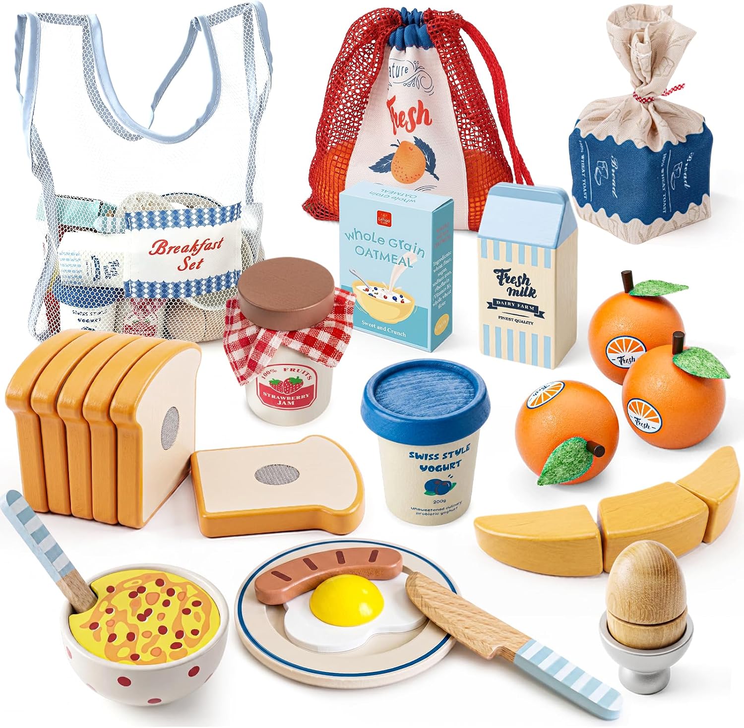 Lehoo Castle Wooden Play Food Set – Montessori Cutting Fruit Egg Bread, Pretend Breakfast Food Toys for Kids Kitchen, Educational Toddler Toys 3-5 Years, with Storage Bag, Birthday Gift for Boys Girls