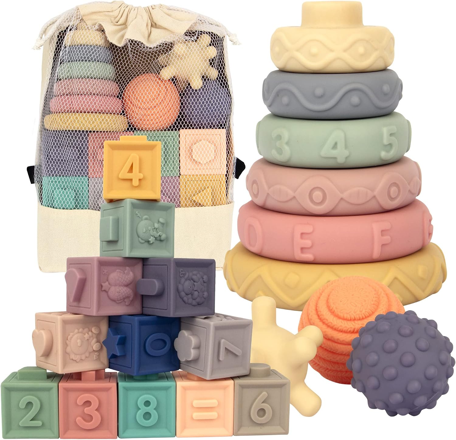 21PCS Montessori Toys for Babies,Teething Toys for Babies Months, 6 Months+, Early Educational Learning Stacking Tower, Sensory for Toddlers 1-3, Soft Rings Stacker & Teethers