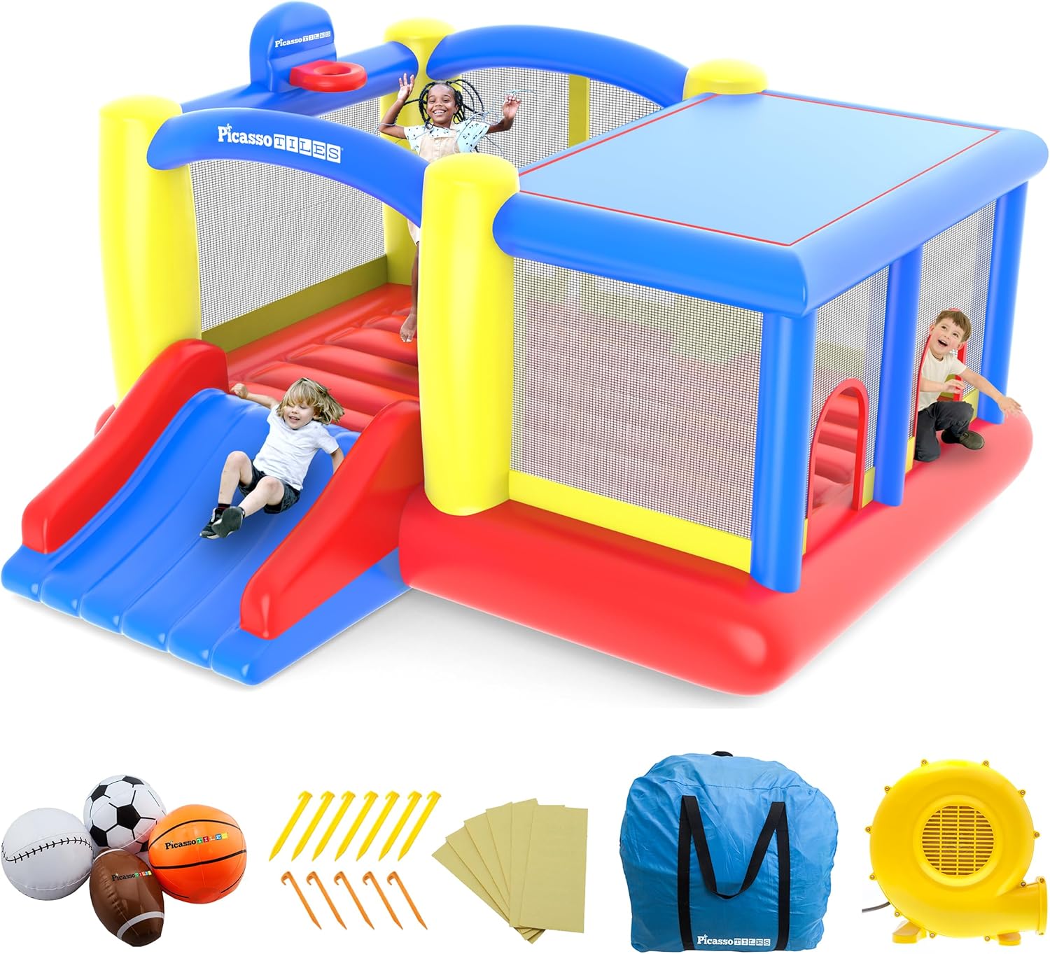 [Upgrade Version] PicassoTiles KC102 12×10 Foot Inflatable Bouncer Jumping Bouncing House, Jump Slide, Dunk Playhouse w/Basketball Rim, 4 Sports Balls, Full-Size Entry, 580W ETL Certified Blower