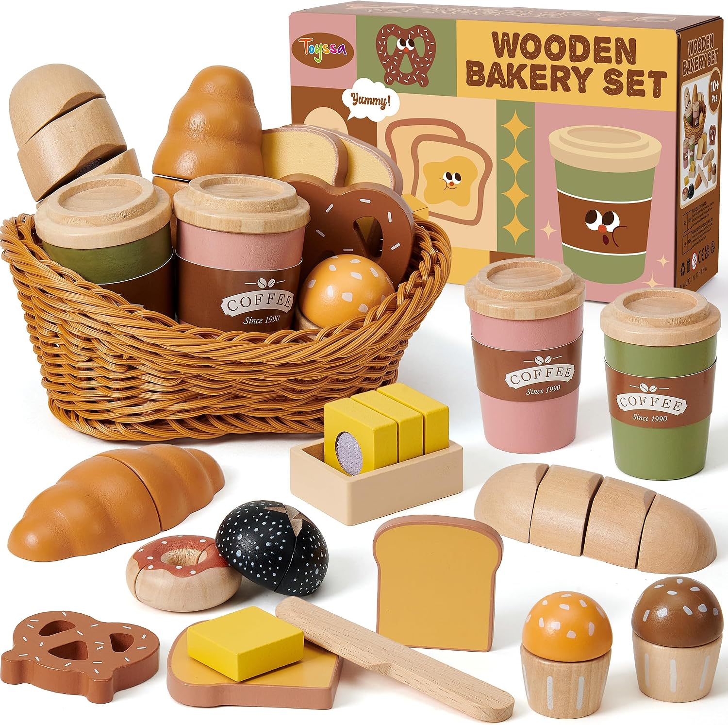 Toyssa Wooden Play Food Sets for Kids Kitchen, Bakery Pretend Play Toy Food for Toddlers 3-5 with Cutting Bread & Basket, Christmas Kitchen Accessories Birthday Gifts for Girls Boys 3 4 5 6 Years Old