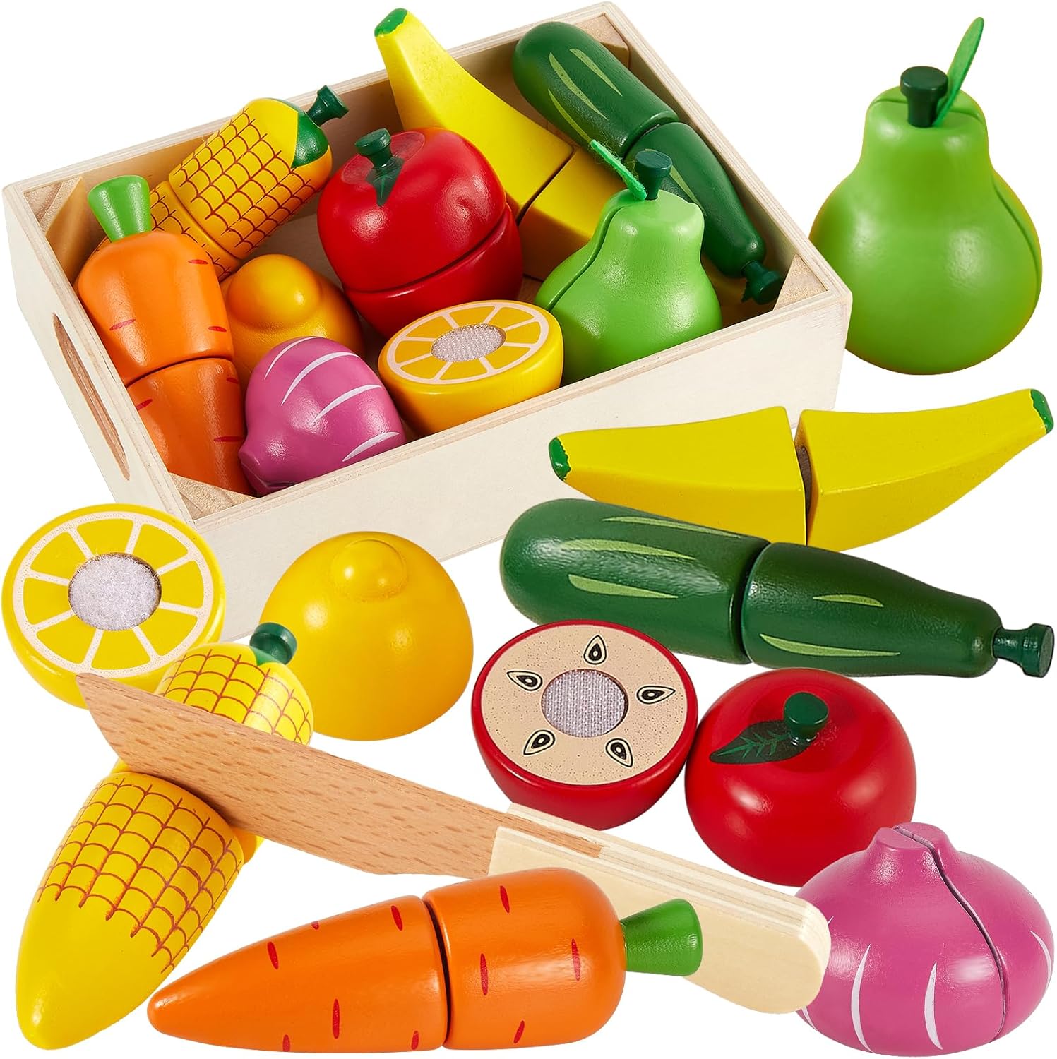 HERSITY Wooden Play Food Set Cutting Fruits and Veggies Toys for Toddlers 2-3, Pretend Play Kitchen Accessories Montessori Educational Toys Gifts for Kids Boys Girls 18 Months+