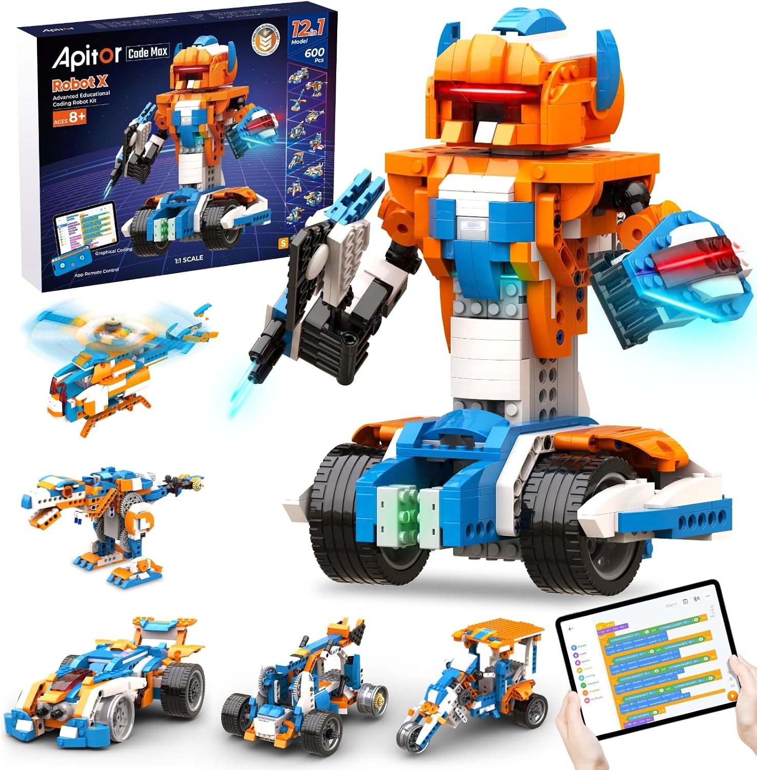 Apitor Robot X Robot Building Kit, 12-in-1 Programmable APP Remote Control RC Car, STEM Robotics Coding Set, Educational Birthday Gifts for Boys Girls Kids Ages 8-12 (600 Pieces)