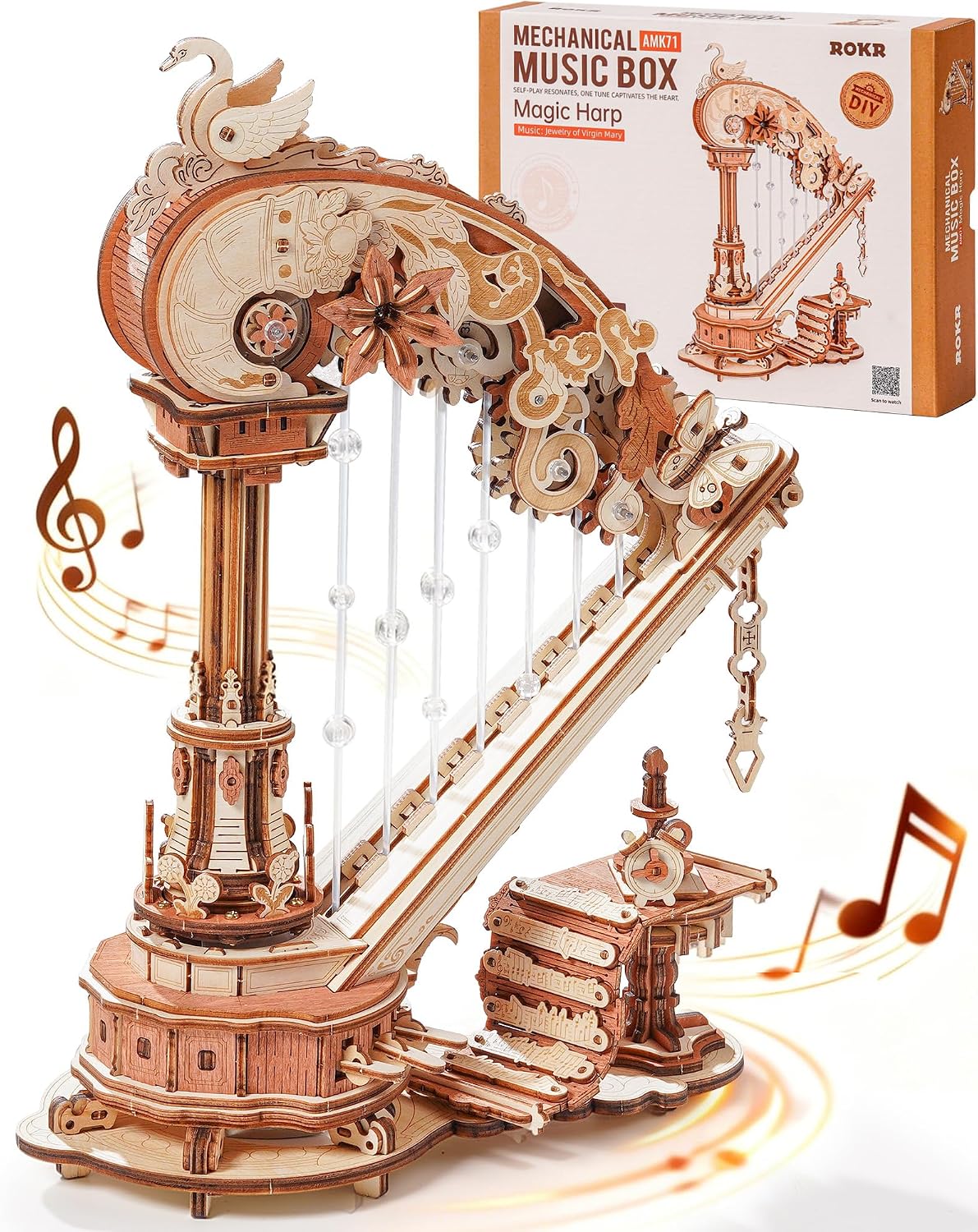 ROKR 3D Wooden Puzzle Harp Music Box, Building Model Kit with Mechanical Movement, Gift for Adults Women, Elegant Home Decor for Desk & Shelf