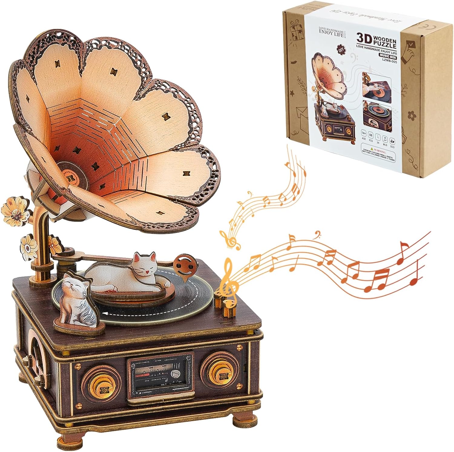 3D Wooden Puzzle Mechanical Gramophone, Wood Model Kits for Adults – 3D Puzzles for Adults Cats, Mechanical Music Box Kits, Unique Graduation for Cat Lovers, Decor