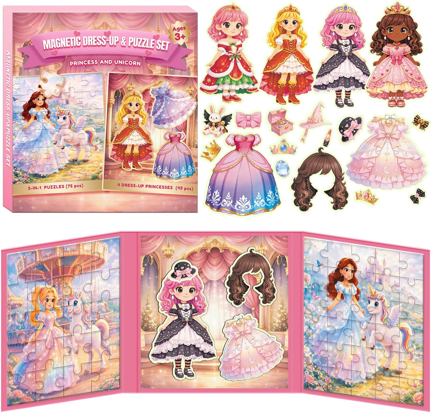 2-in-1 Magnetic Puzzle & Dress Up Dolls Set for Girls 3-8, Princess Activity Kit with 3 Jigsaw Puzzles, 4 Magnetic Dolls and 50 Accessories, Screen-Free Travel Toy Birthday Gift for Kids