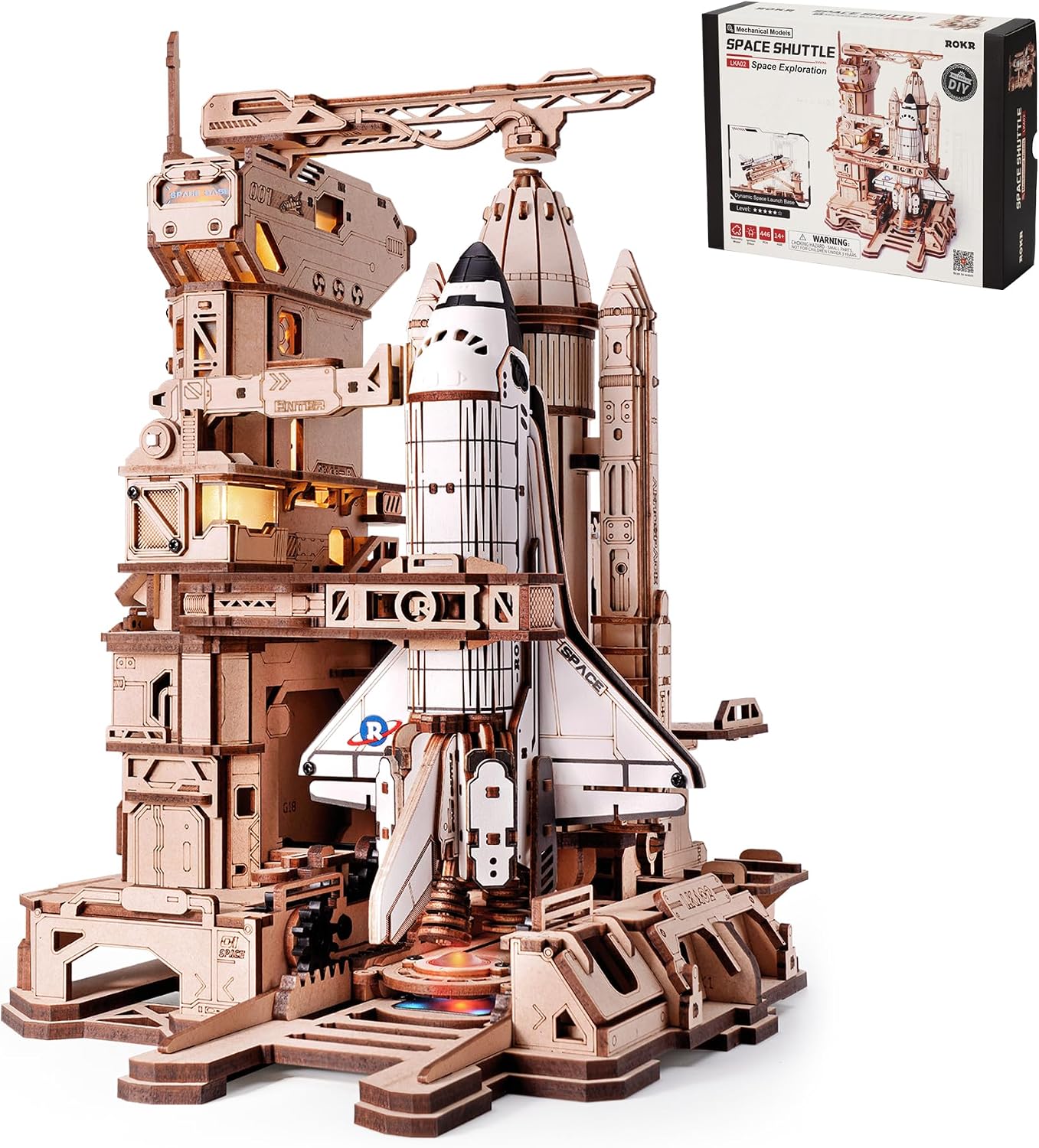 ROKR 3D Wooden Puzzles Space Shuttle-Dynamic Launch Base with Motorized Lift, LED Light Effects, 1:420 Scale Collectible Building Kit Airplane Wooden Puzzles Gift for Adults