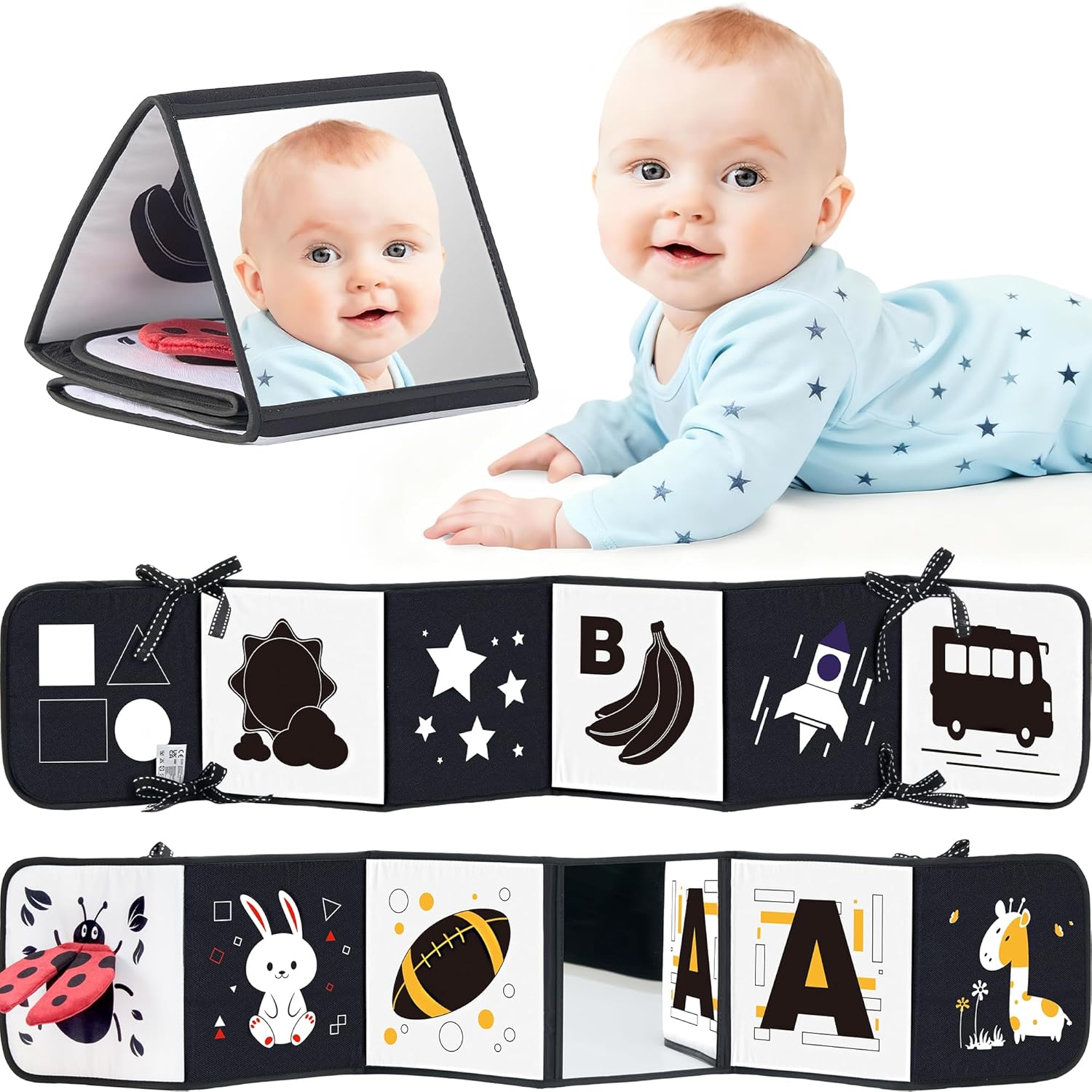 Black and White Baby Books for Newborn – Tummy Time Mirror & Sensory Toys Soft Montessori Toy for Infant Visual Stimulation, Brain Development & Early Learning – High Contrast Toys for 0-6 Months
