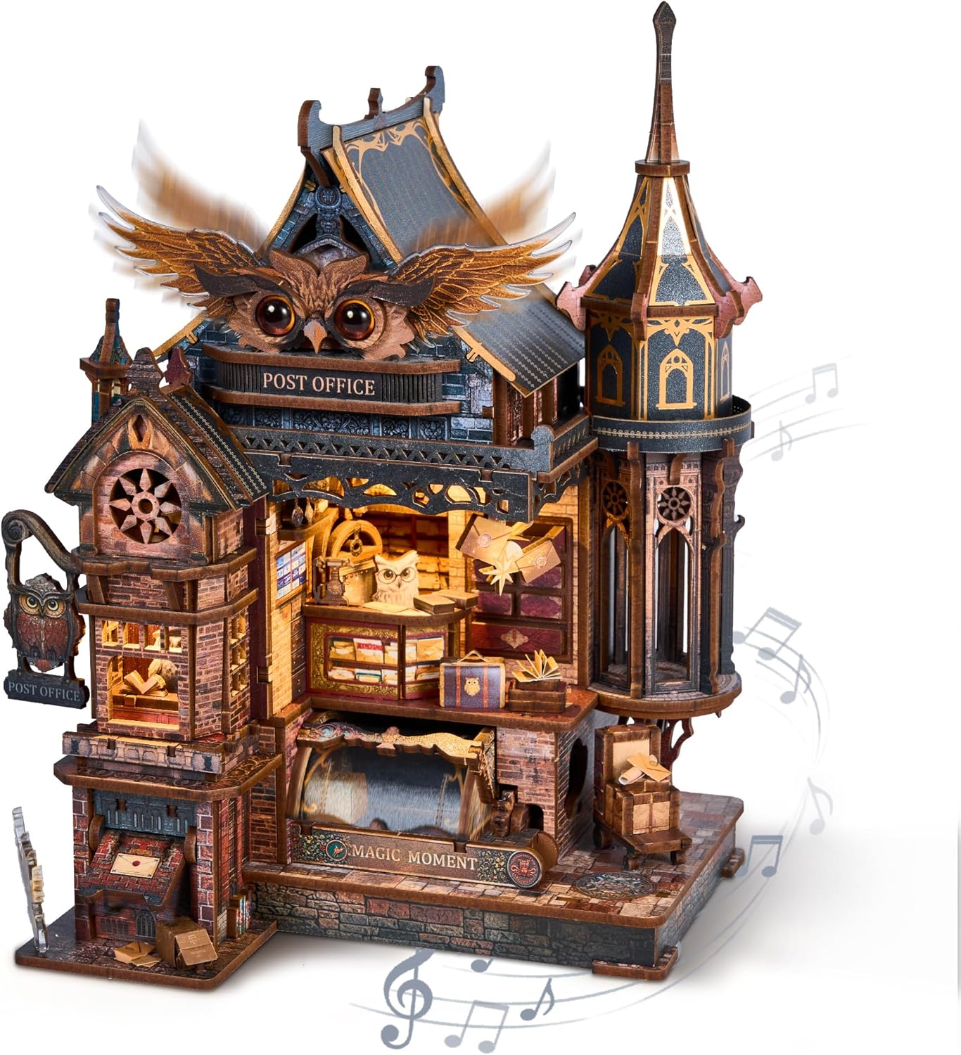 FUNPOLA LED 3D Wood Puzzle Owl Post Office, Dynamic Model with Mechanical Gears, DIY Miniature Kit with Music and LED Lights, Home Décor Gift for Adults and Teens
