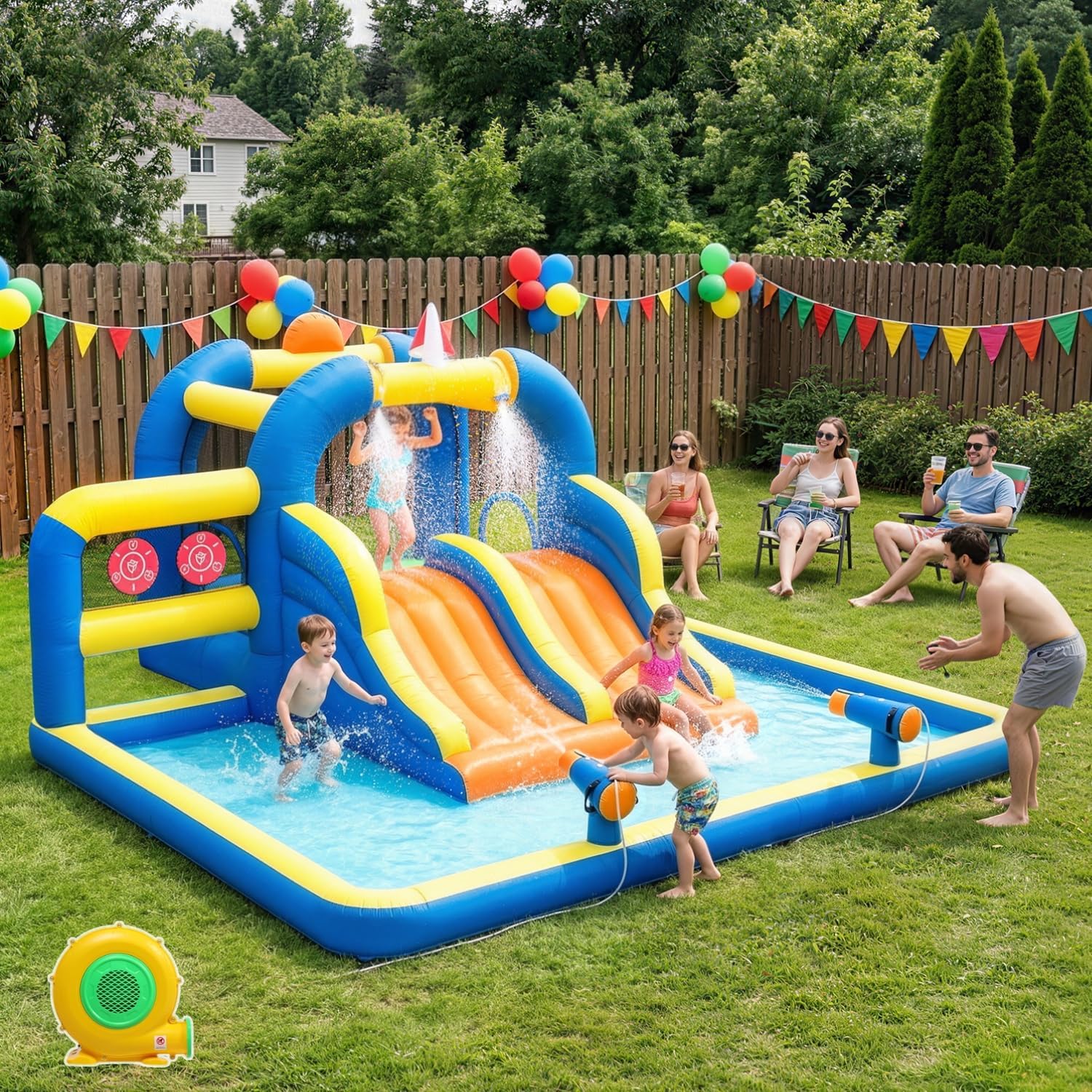Ktaxon Inflatable Bounce House with Double Water Slide, Outdoor Inflatable Water Park Bouncy Castle w/Jumping Area, Splash Pool & Air Blower for Backyard, Lawn, Kids Age 3-8 (181″x181″x 86.7″)