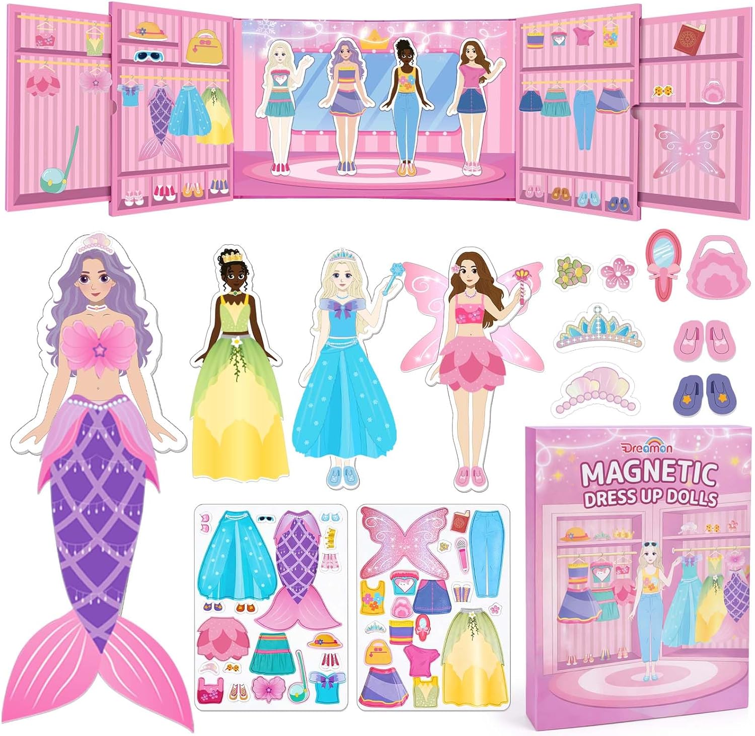 Dreamon Magnetic Dress Up Dolls for Girls, 42PCS Princess Mermaid Fairy Ballerina Papper Dolls Dress Up Games Kit, Travel Game Airplane Activities Toys Birthday Gifts for Toddler Girls Ages 3 4 5 6 7