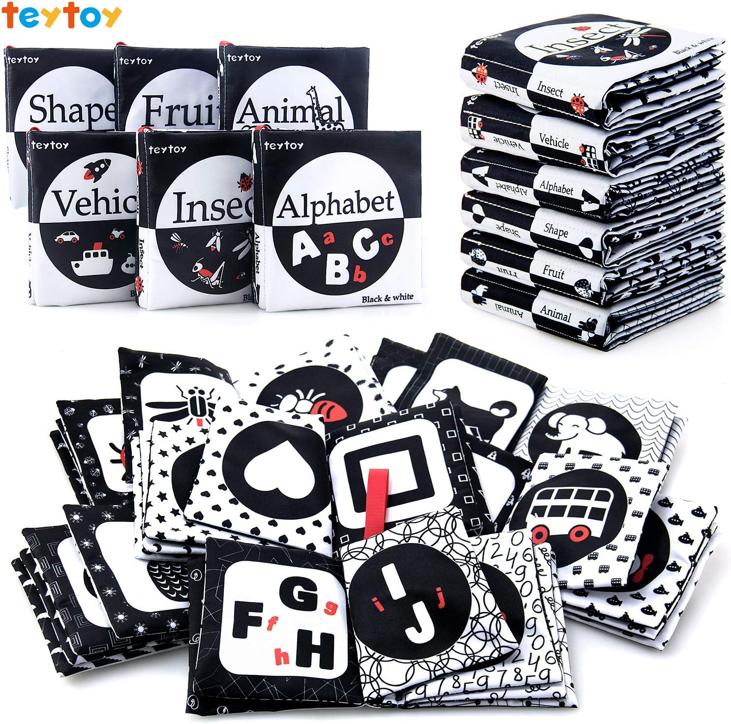 teytoy My First Soft Book, 6 PCS Nontoxic Fabric Cloth Activity Crinkle Black and White Books for Infants Boys and Girls Early Educational Toys Perfect for Baby Shower