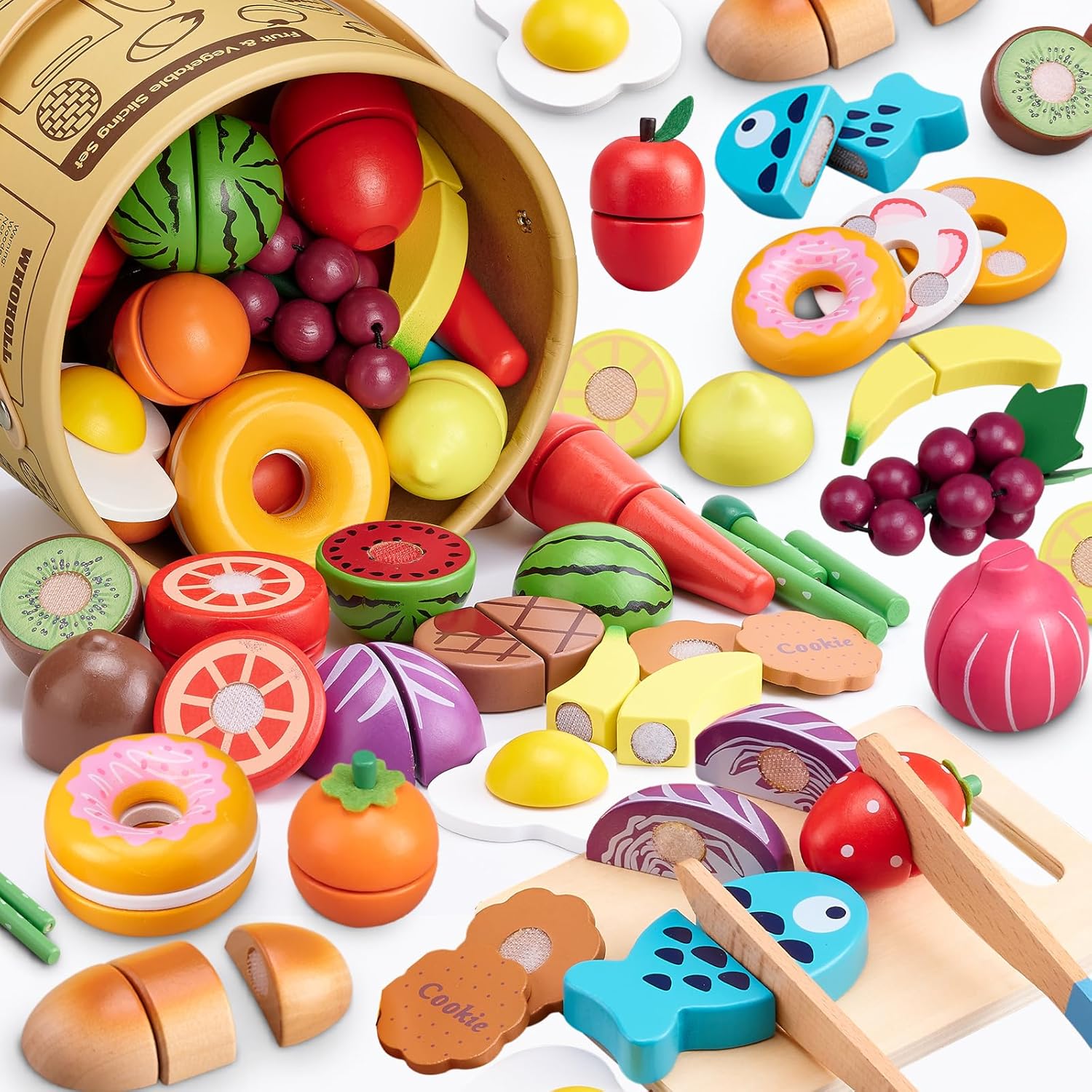 45 Pcs Wooden Pretend Play Food Set for Kids Kitchen – Realistic Cutting Fruits & Veggies with Easy-Cleanup Storage Bucket, Montessori Learning Toy Gift for Toddlers Ages 3-6