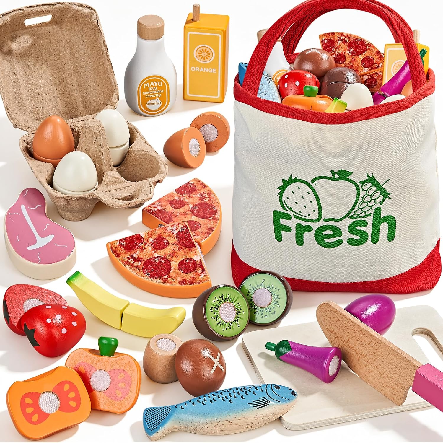 LAUGIGLE Wooden Play Food Sets for Kids Kitchen, Montessori Toy Food with Pizza Toy, Easter Eggs, Pretend Food Play Kitchen Accessories, Cutting Fake Food with Canvas Tote Bag, Birthday Christmas Gift